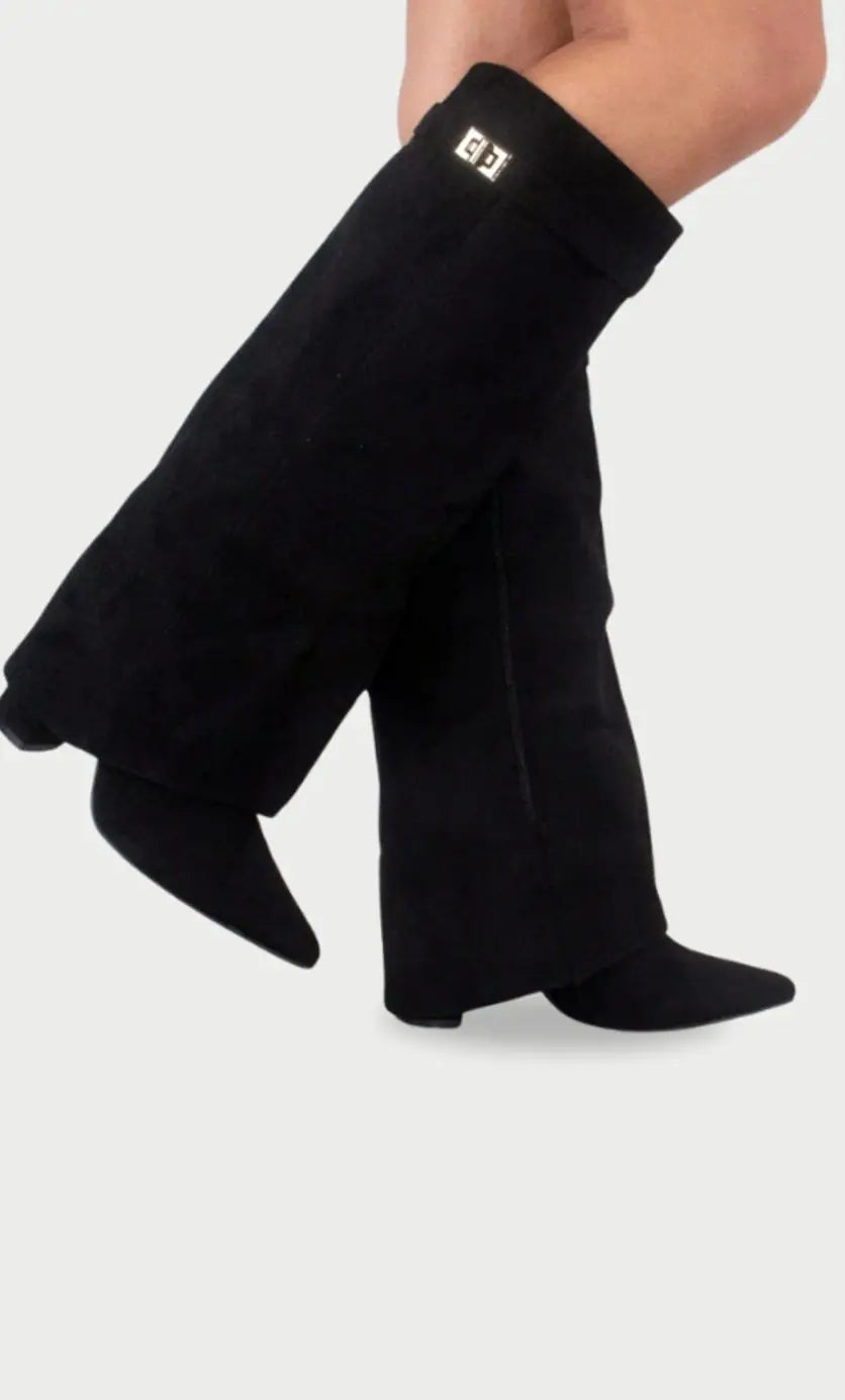 Women's Suede Thigh-High Boots Gold Buckle Pointed Toe - Black Suede
