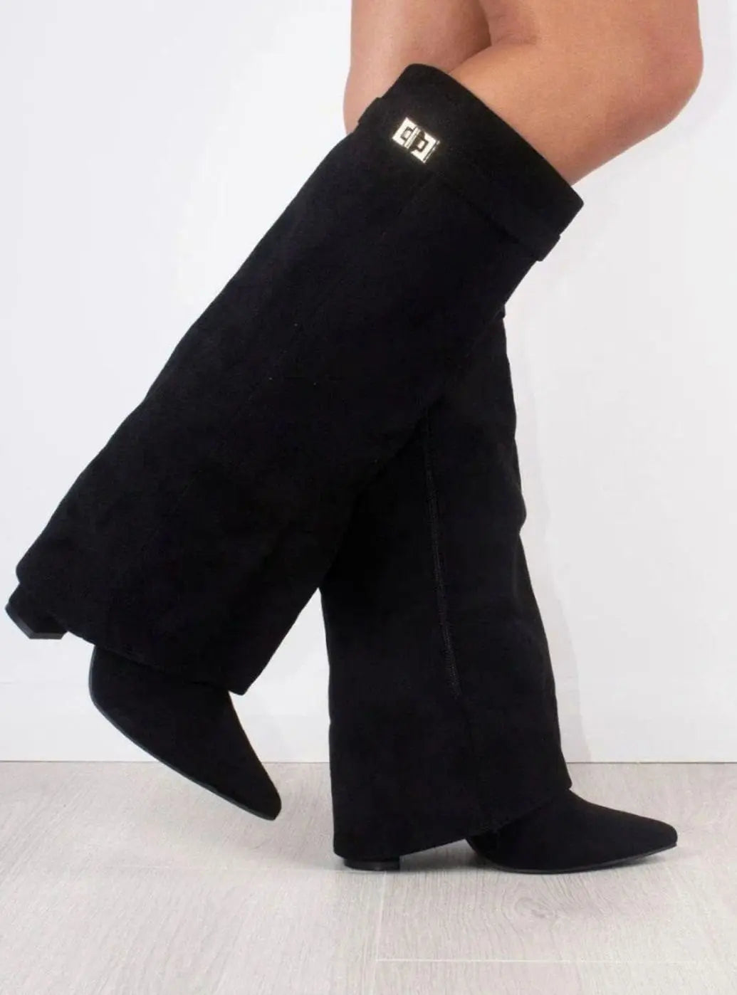 Women's Suede Thigh-High Boots Gold Buckle Pointed Toe