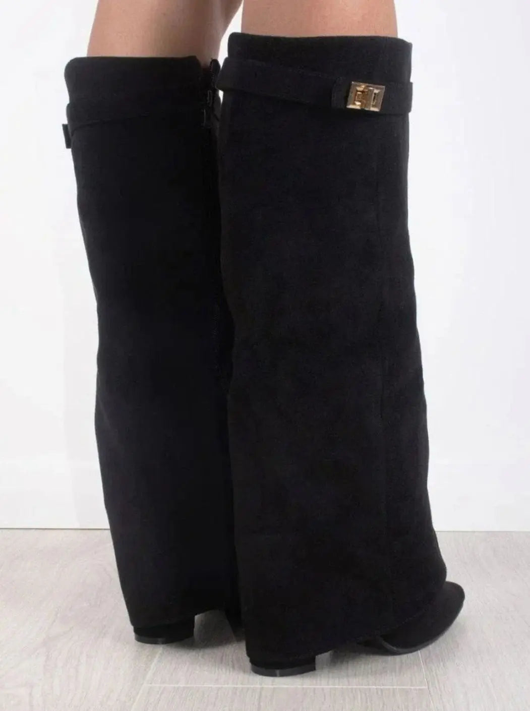 Women's Suede Thigh-High Boots Gold Buckle Pointed Toe