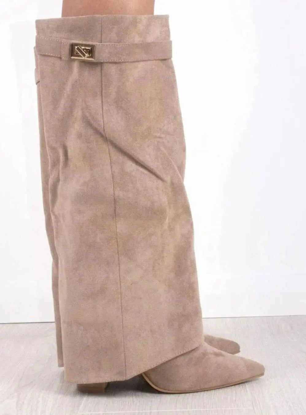 Women's Suede Thigh-High Boots Gold Buckle Pointed Toe