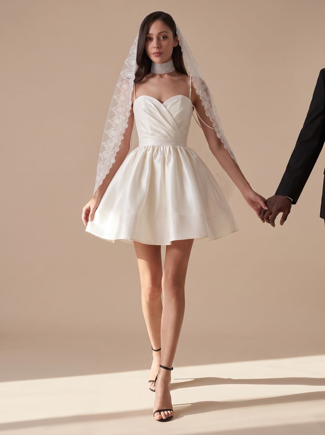 Women's Sweetheart-Neck Rhinestone-Strap Satin Mini Dress