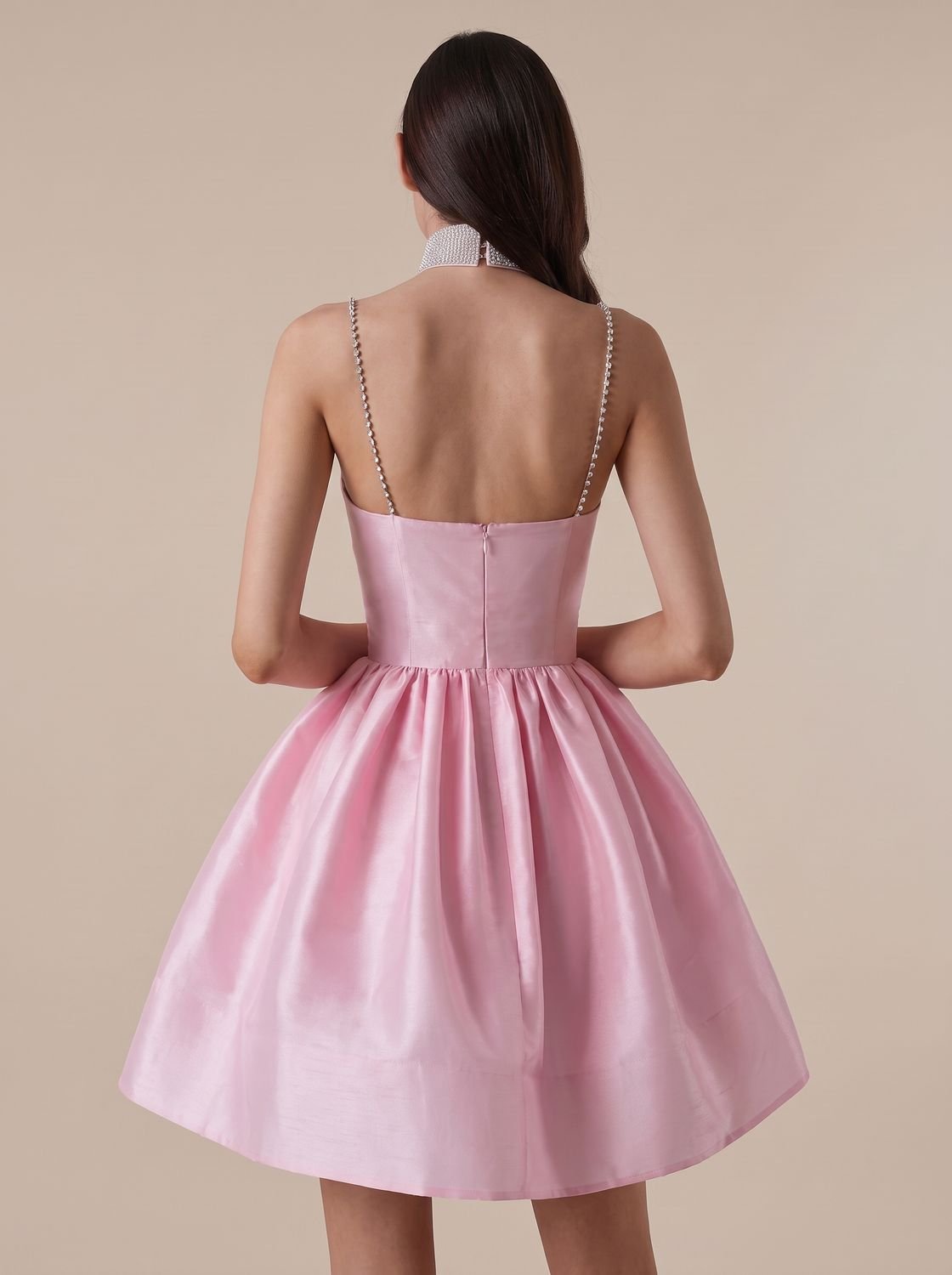 Women's Sweetheart-Neck Rhinestone-Strap Satin Mini Dress