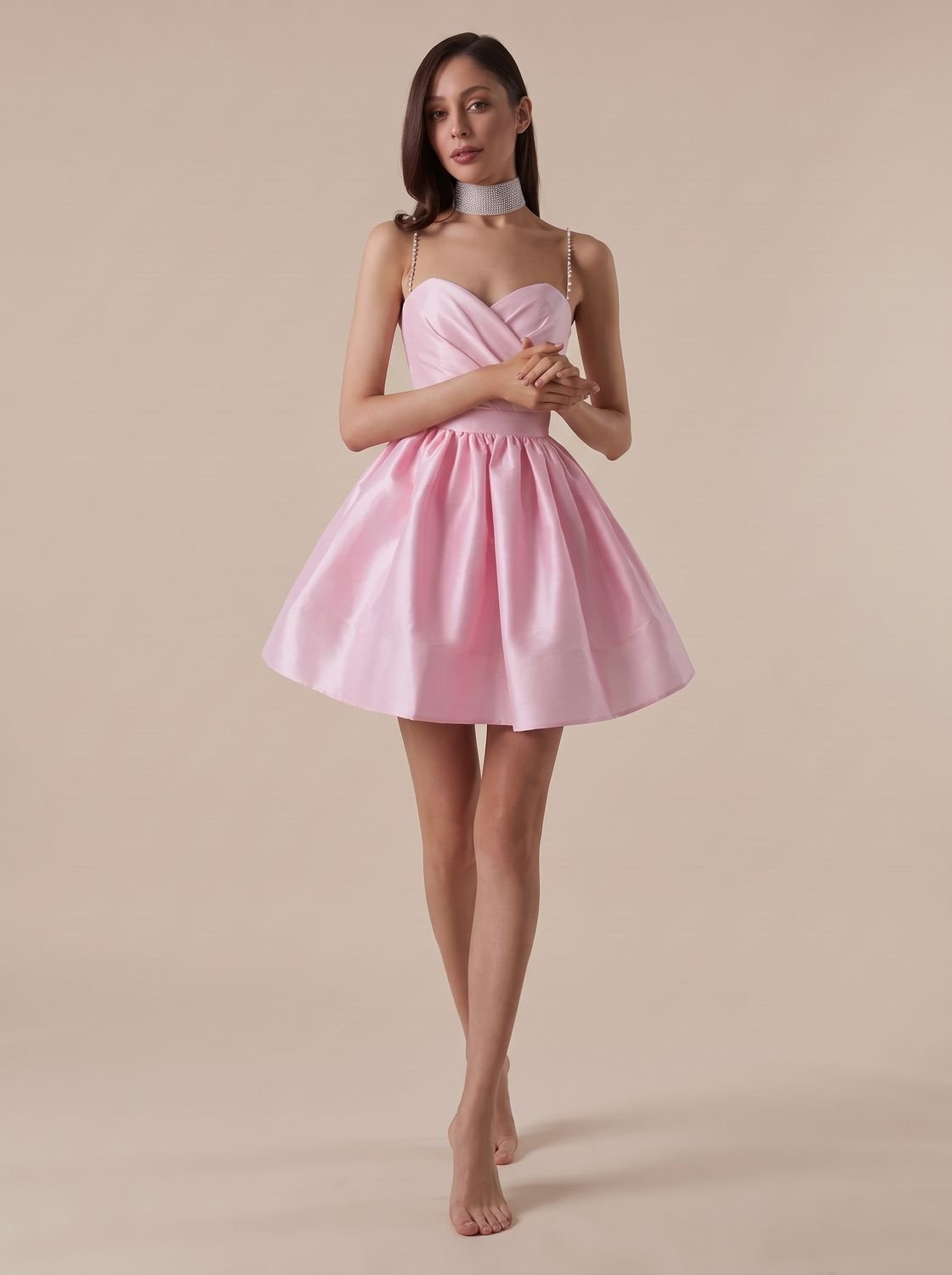 Women's Sweetheart-Neck Rhinestone-Strap Satin Mini Dress