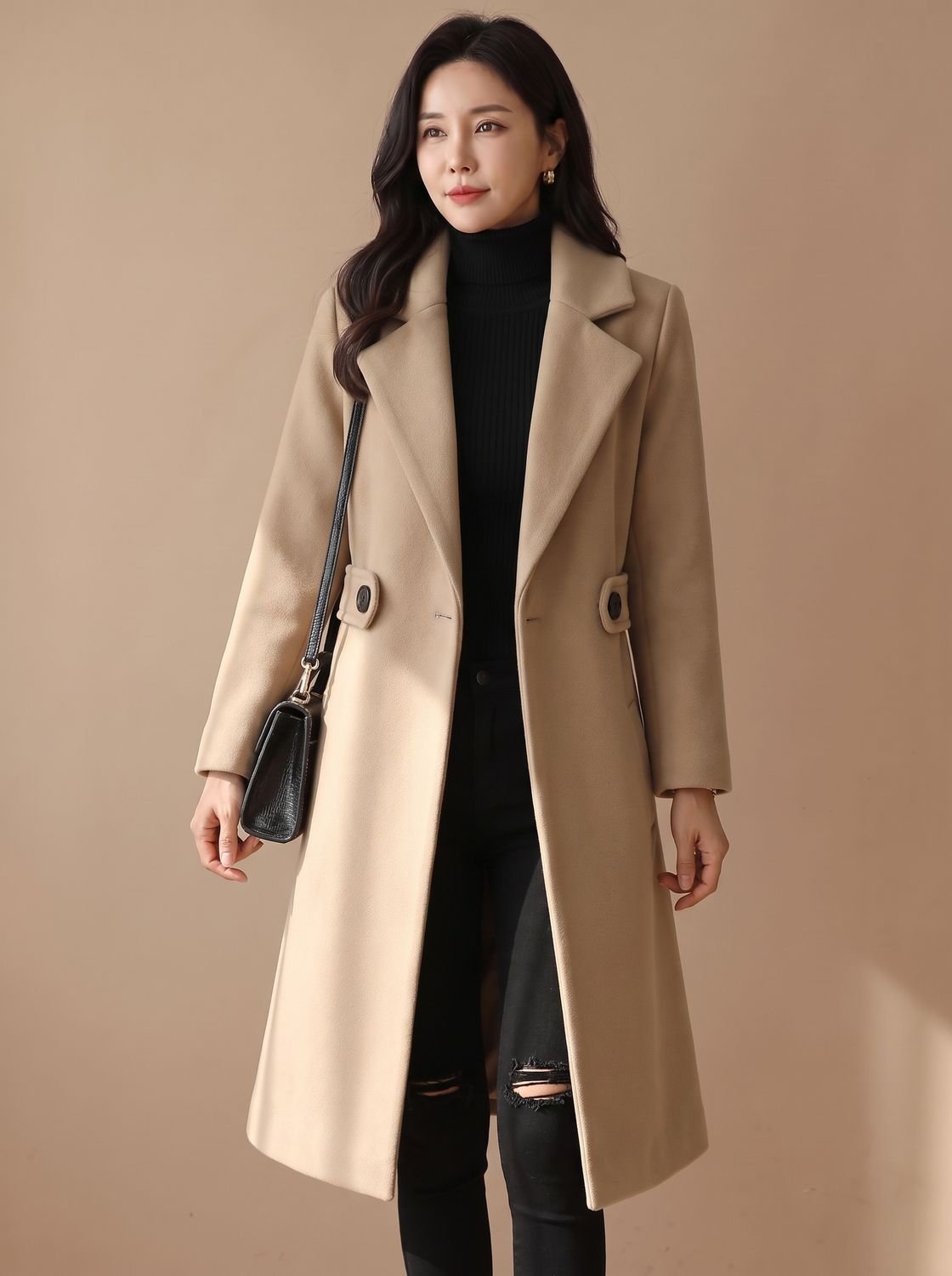 Women's Tailored Belted Wool Coat Long Elegant Outerwear