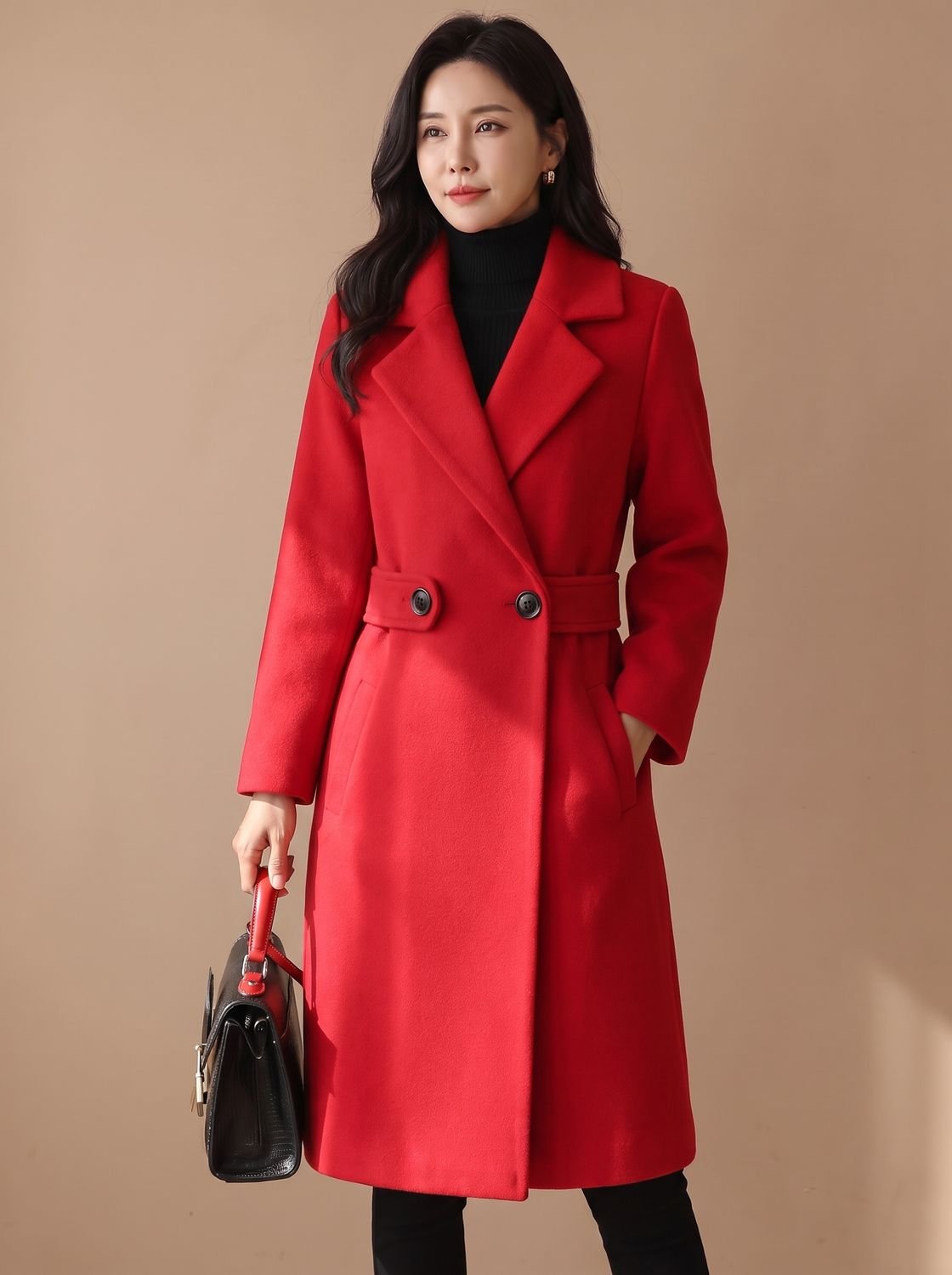 Women's Tailored Belted Wool Coat Long Elegant Outerwear