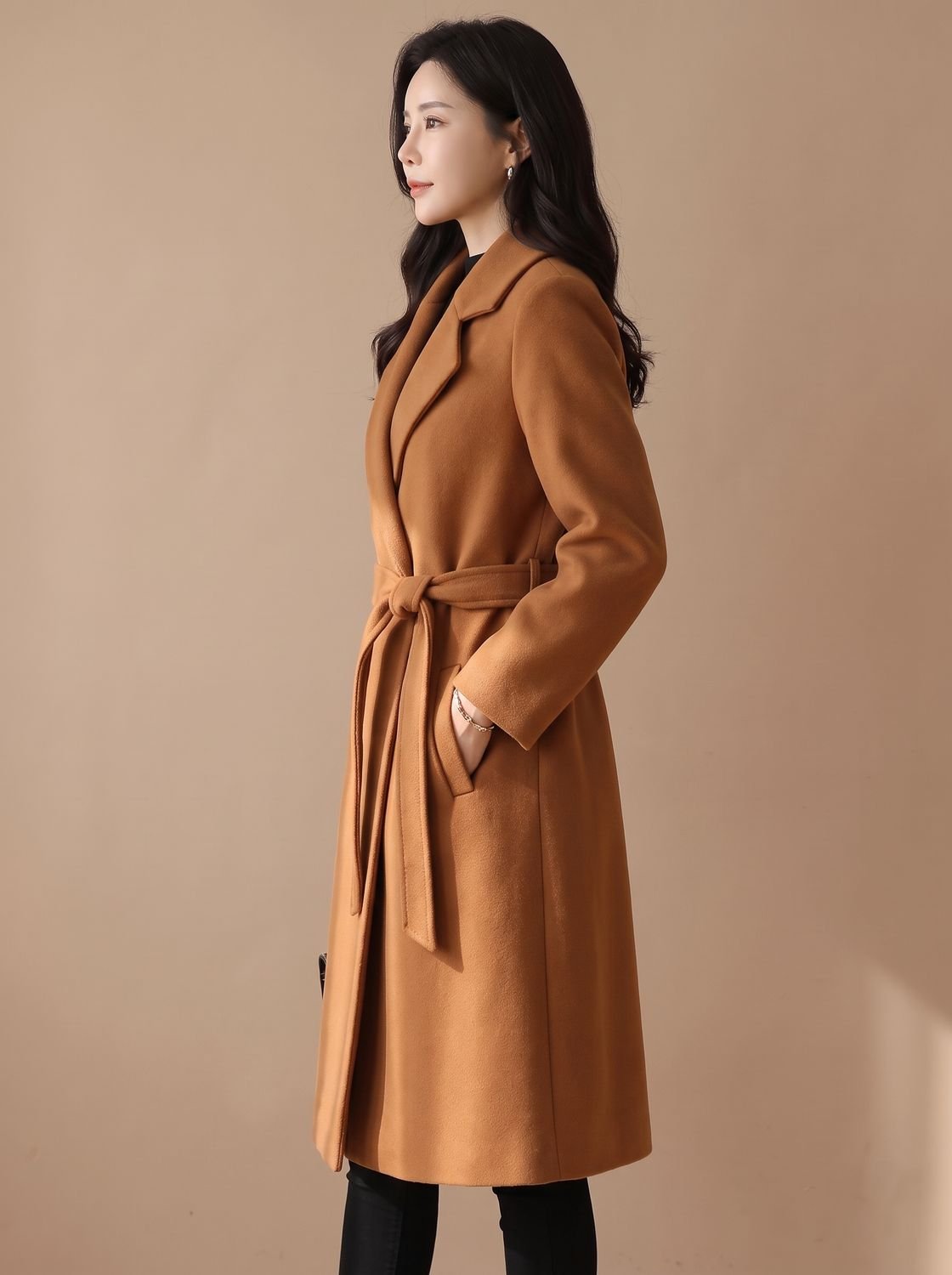 Women's Tailored Belted Wool Coat Long Elegant Outerwear