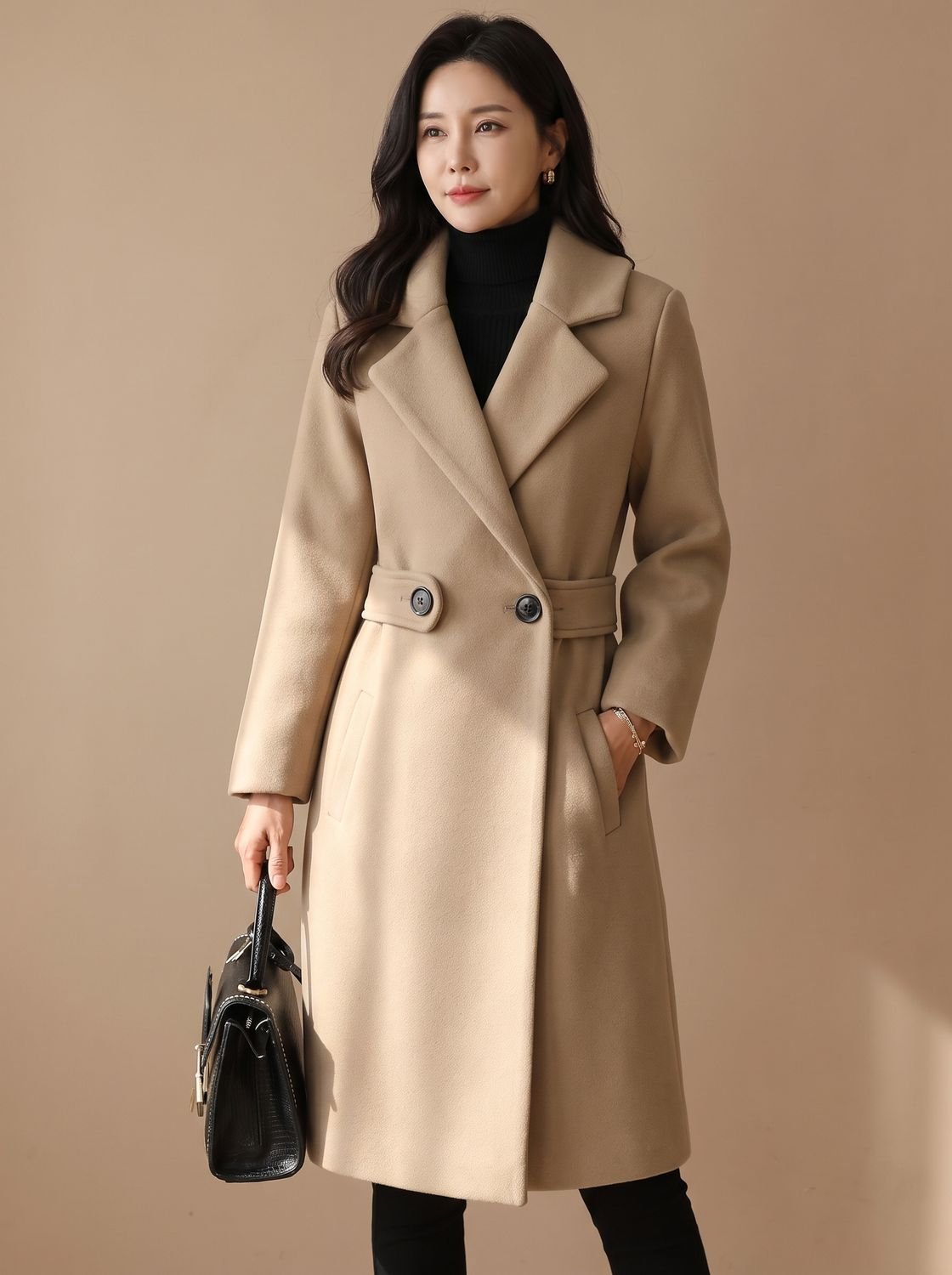 Women's Tailored Belted Wool Coat Long Elegant Outerwear - Beige