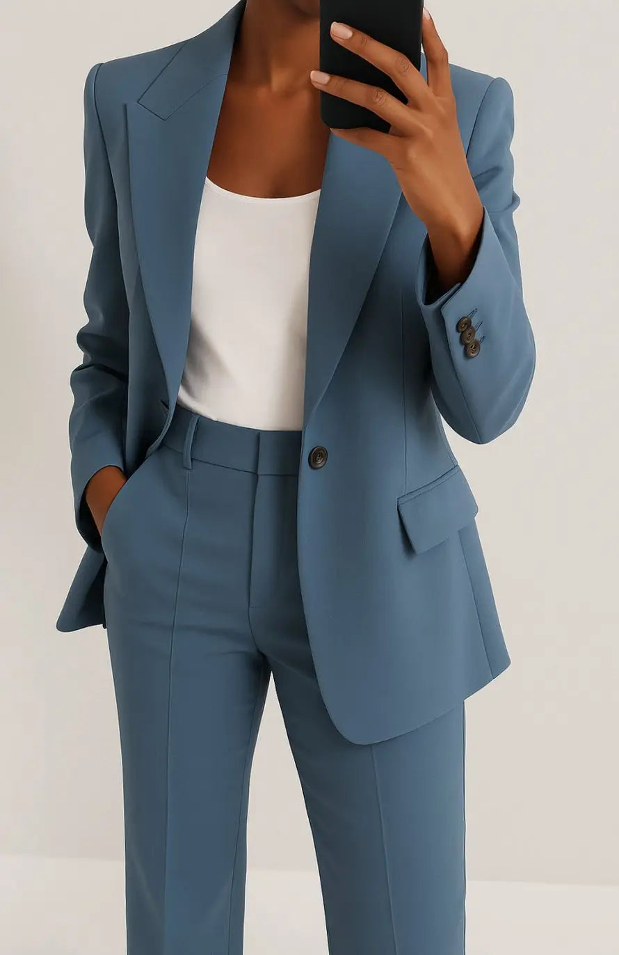 Women's Tailored Blazer Trouser Suit Set Classic Workwear - Blue