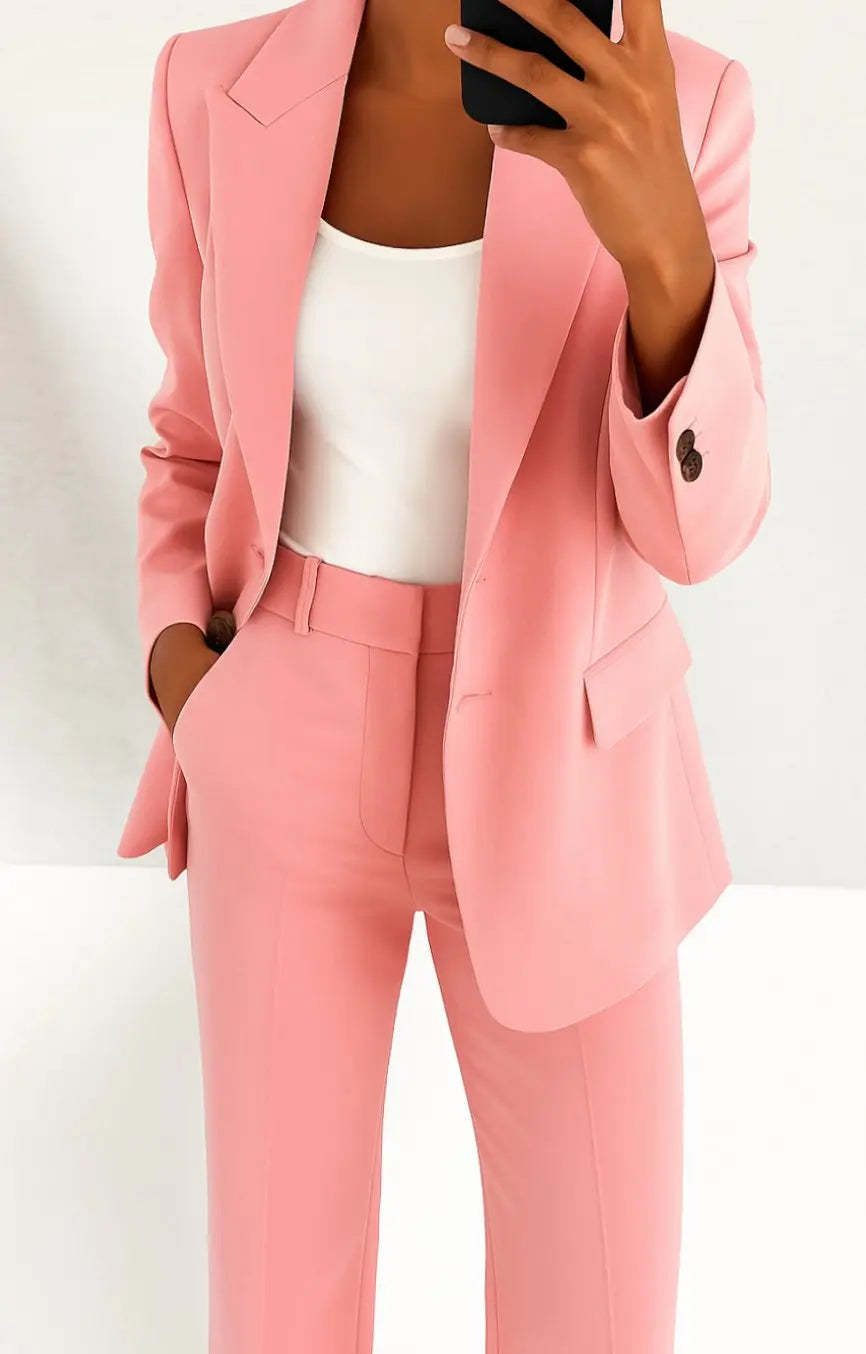 Women's Tailored Blazer Trouser Suit Set Classic Workwear - Pink