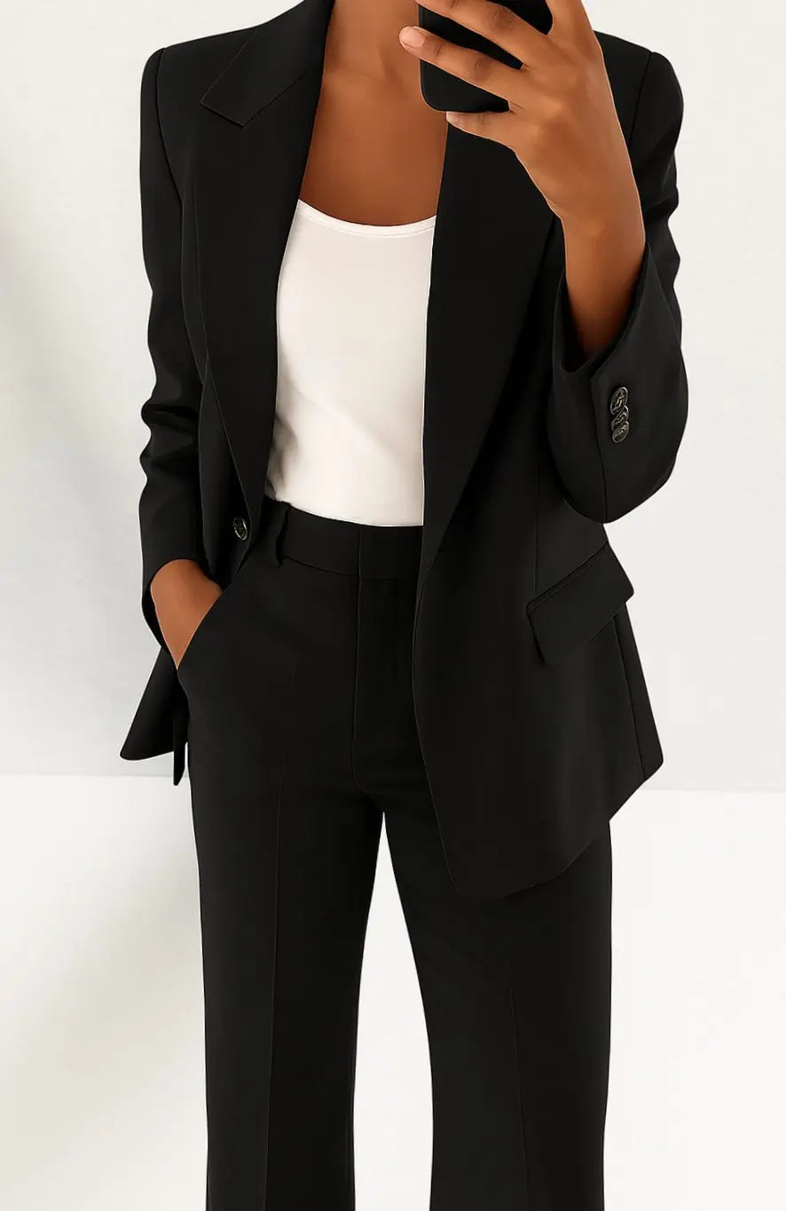 Women's Tailored Blazer Trouser Suit Set Classic Workwear - Black