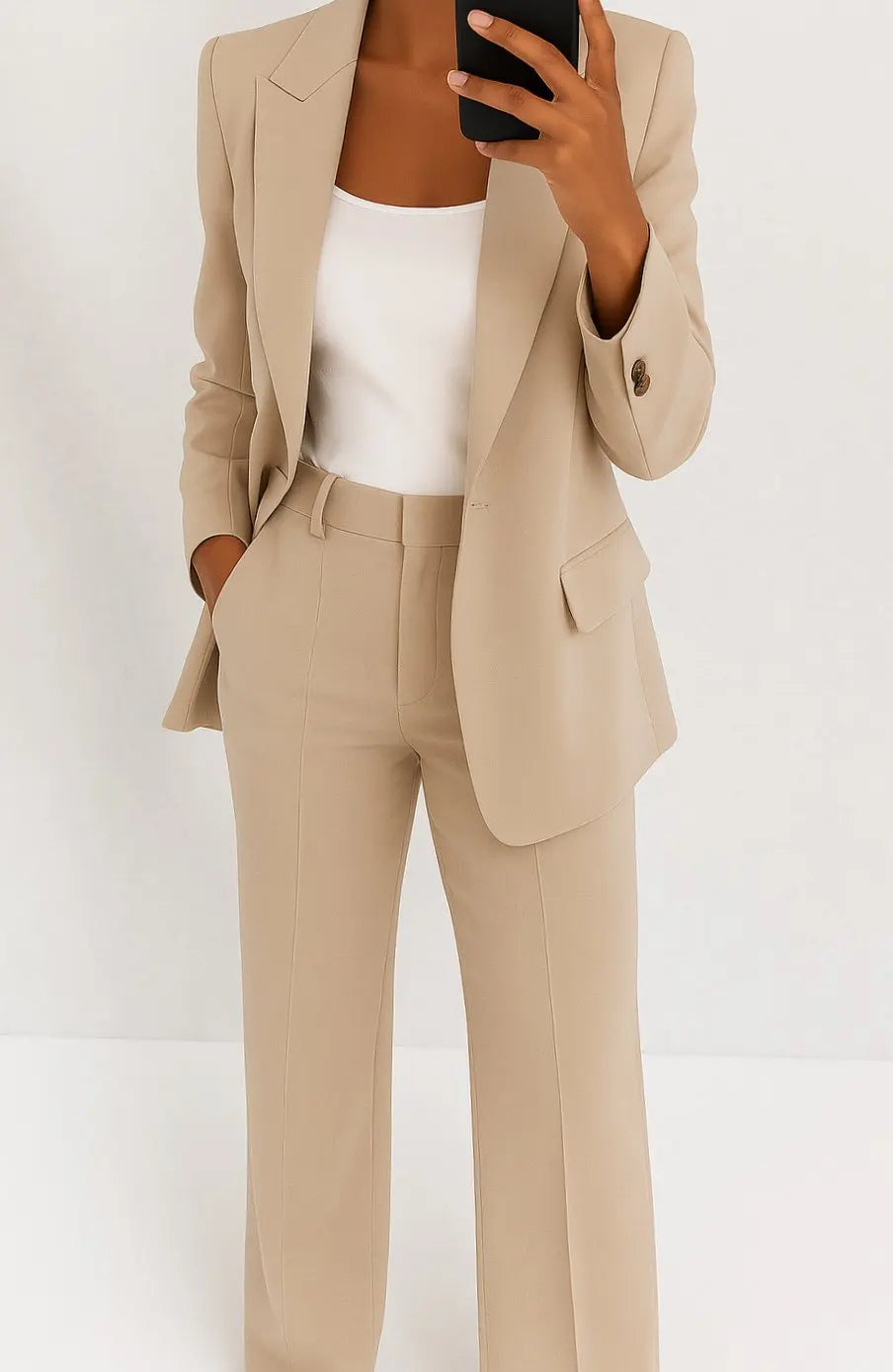 Women's Tailored Blazer Trouser Suit Set Classic Workwear - Beige