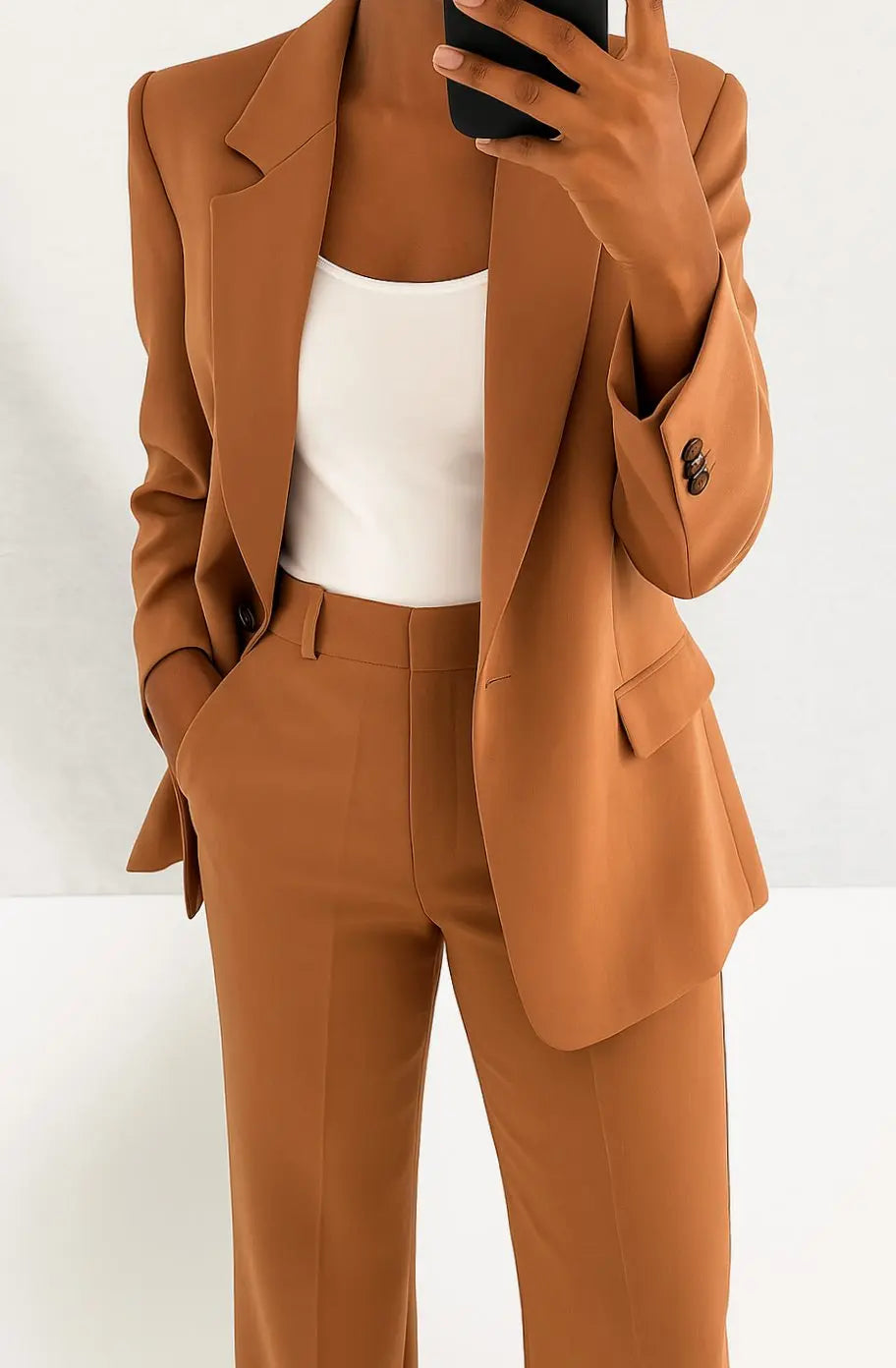 Women's Tailored Blazer Trouser Suit Set Classic Workwear - Brown