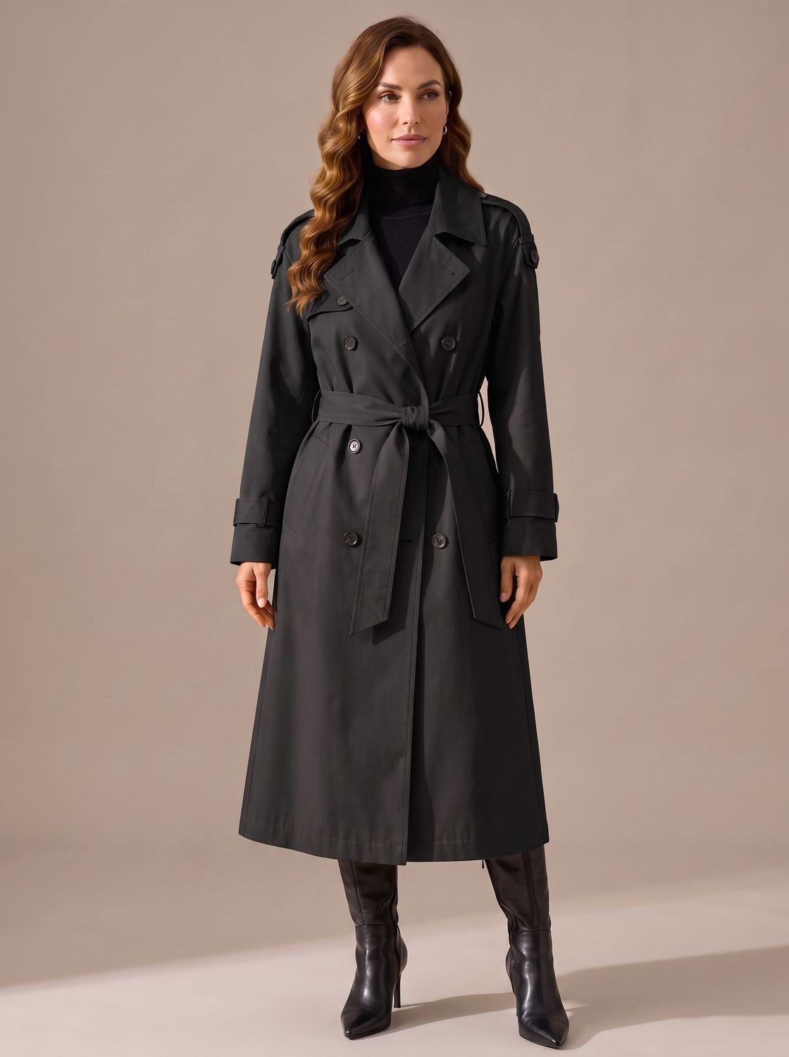 Women's Tailored Double-Breasted Longline Belted Trench Coat - Black
