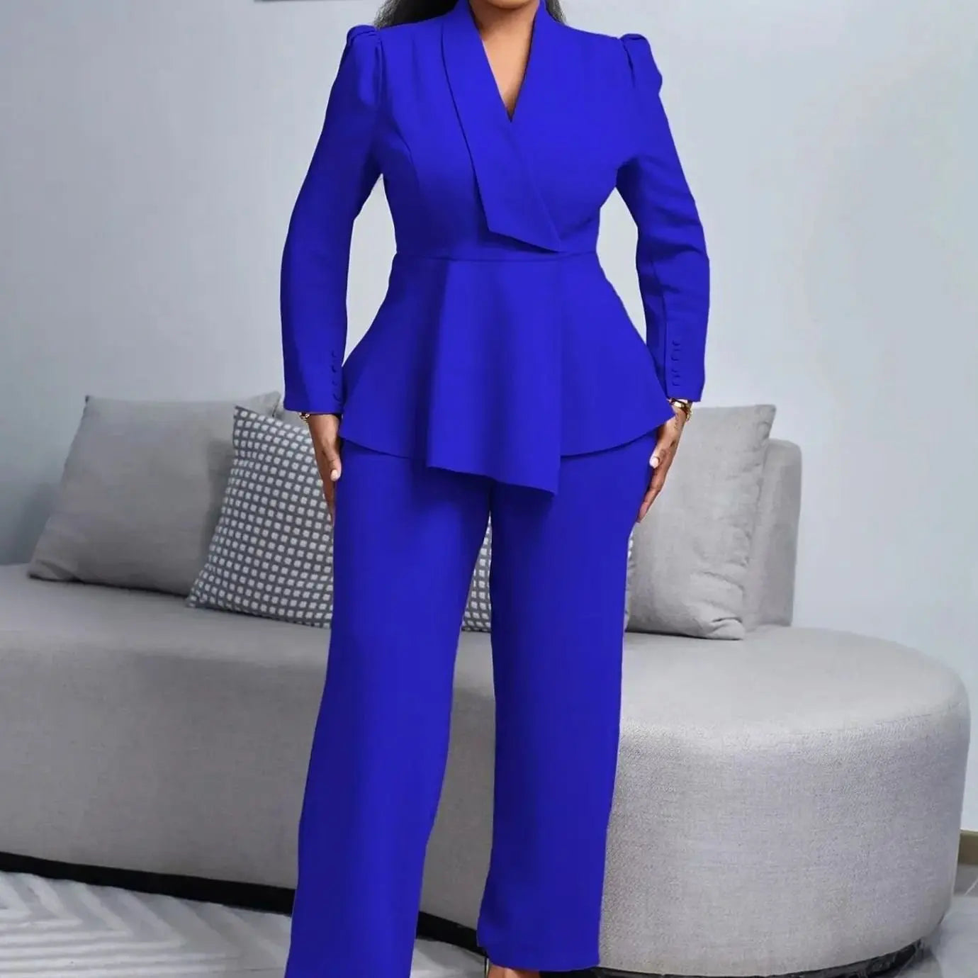 Women's Tailored Peplum Blazer Wide-Leg Trouser Suit Set - Royal Blue