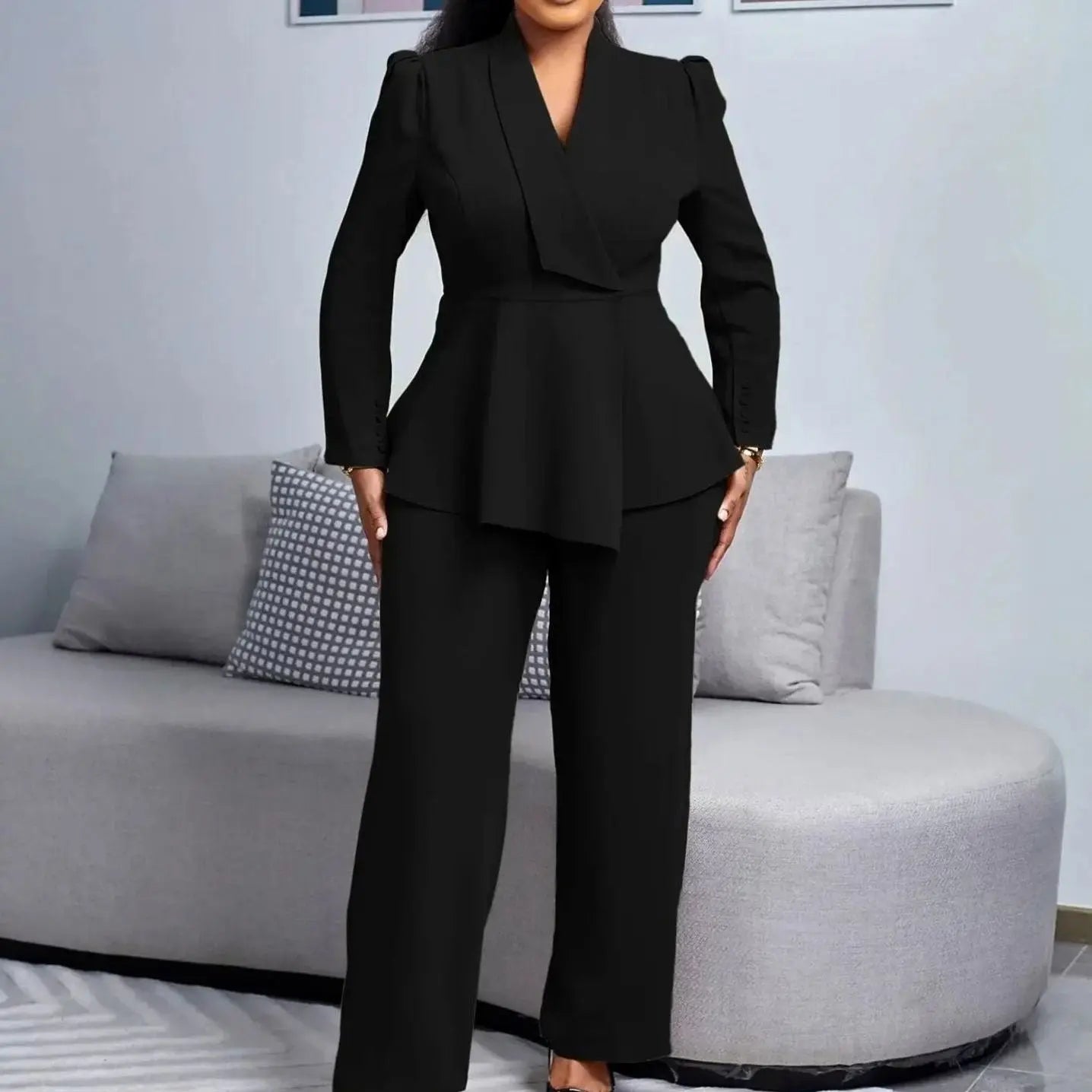 Women's Tailored Peplum Blazer Wide-Leg Trouser Suit Set - Black