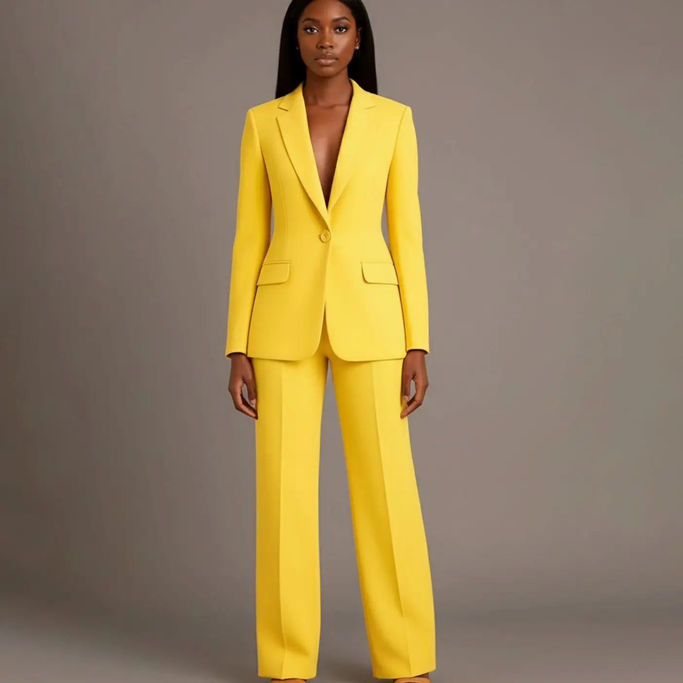 Women's Tailored Single-Button Blazer Trouser Suit Set - Yellow