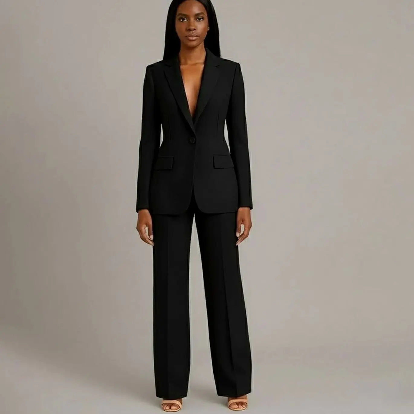 Women's Tailored Single-Button Blazer Trouser Suit Set - Black