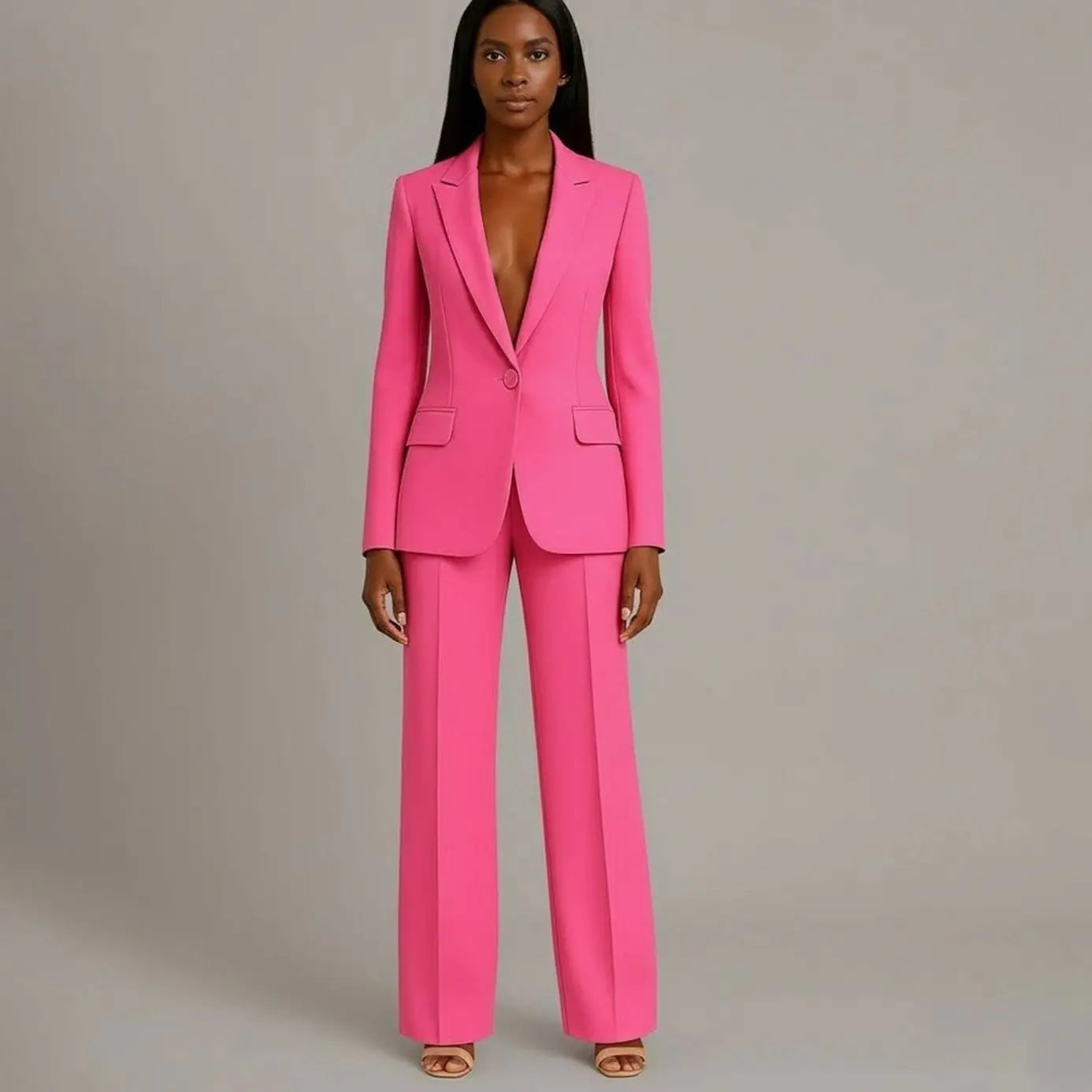 Women's Tailored Single-Button Blazer Trouser Suit Set - Pink