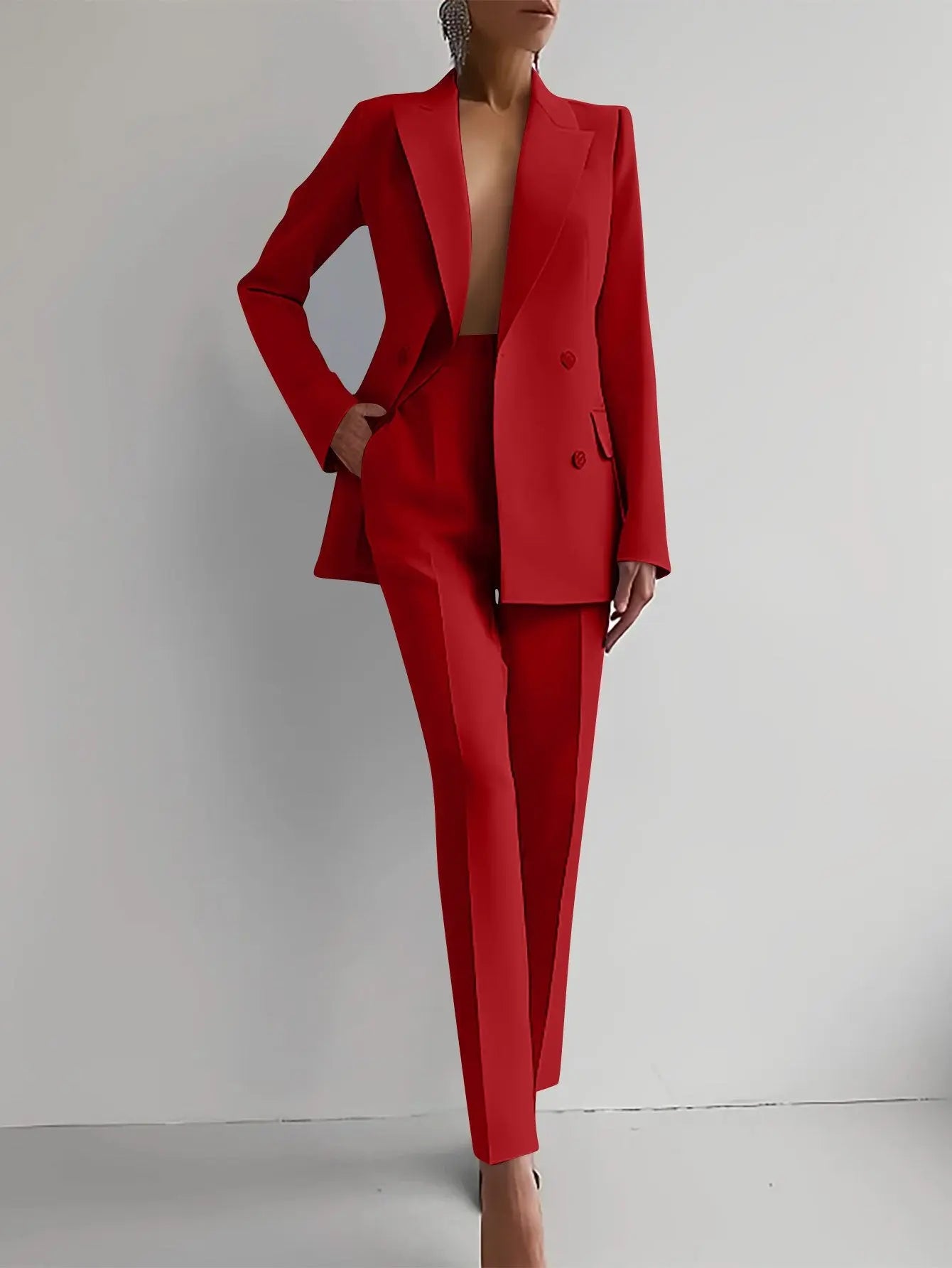 Women's Tailored Suit Double Breasted Blazer Trouser Set - Red