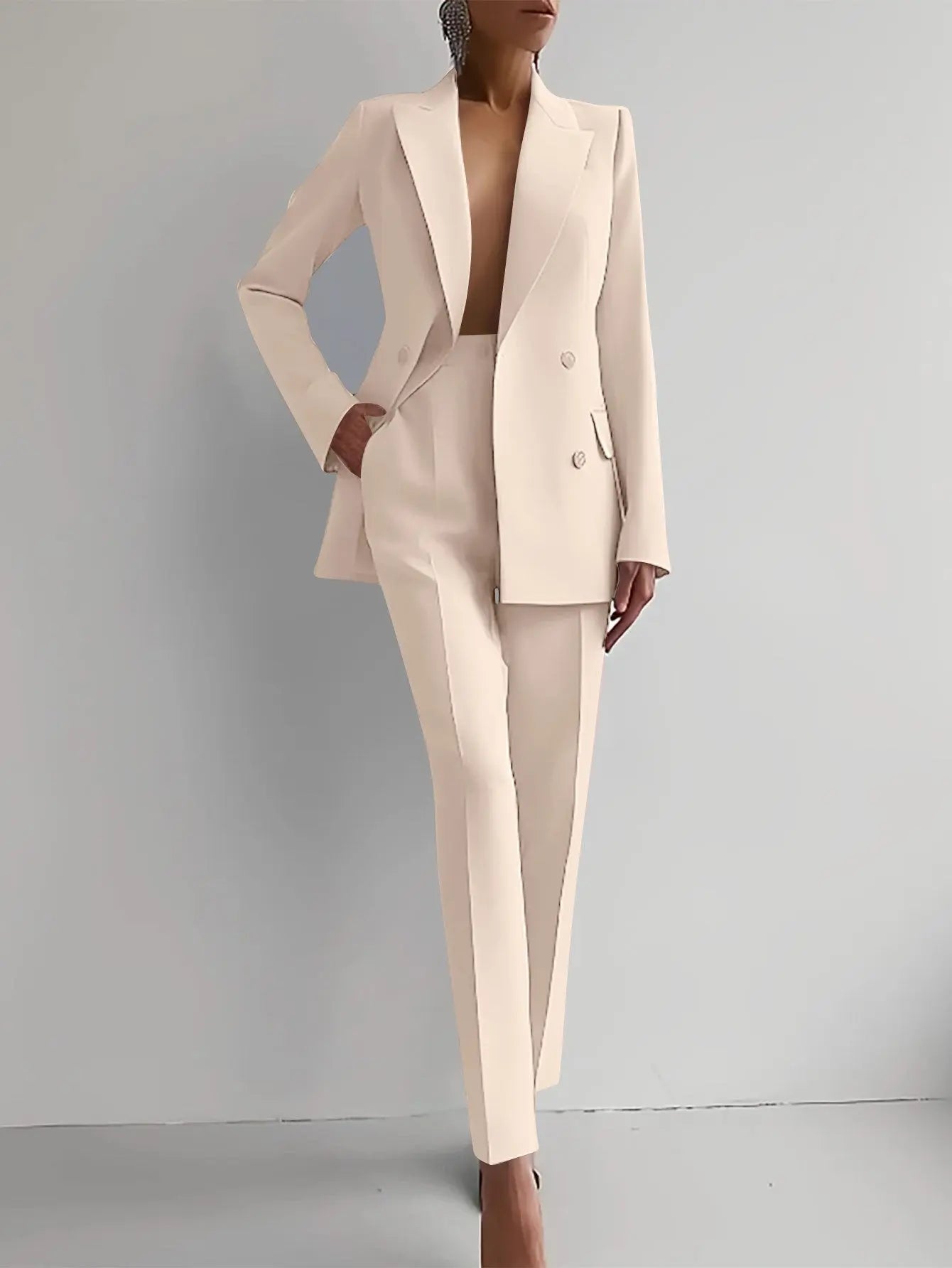 Women's Tailored Suit Double Breasted Blazer Trouser Set - Off White