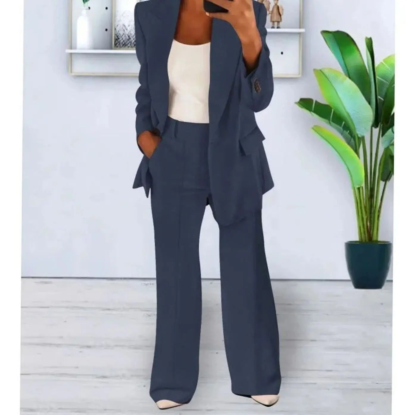 Women's Tailored Two-Piece Suit Set Long Blazer Wide-Leg Trousers - Dark Blue