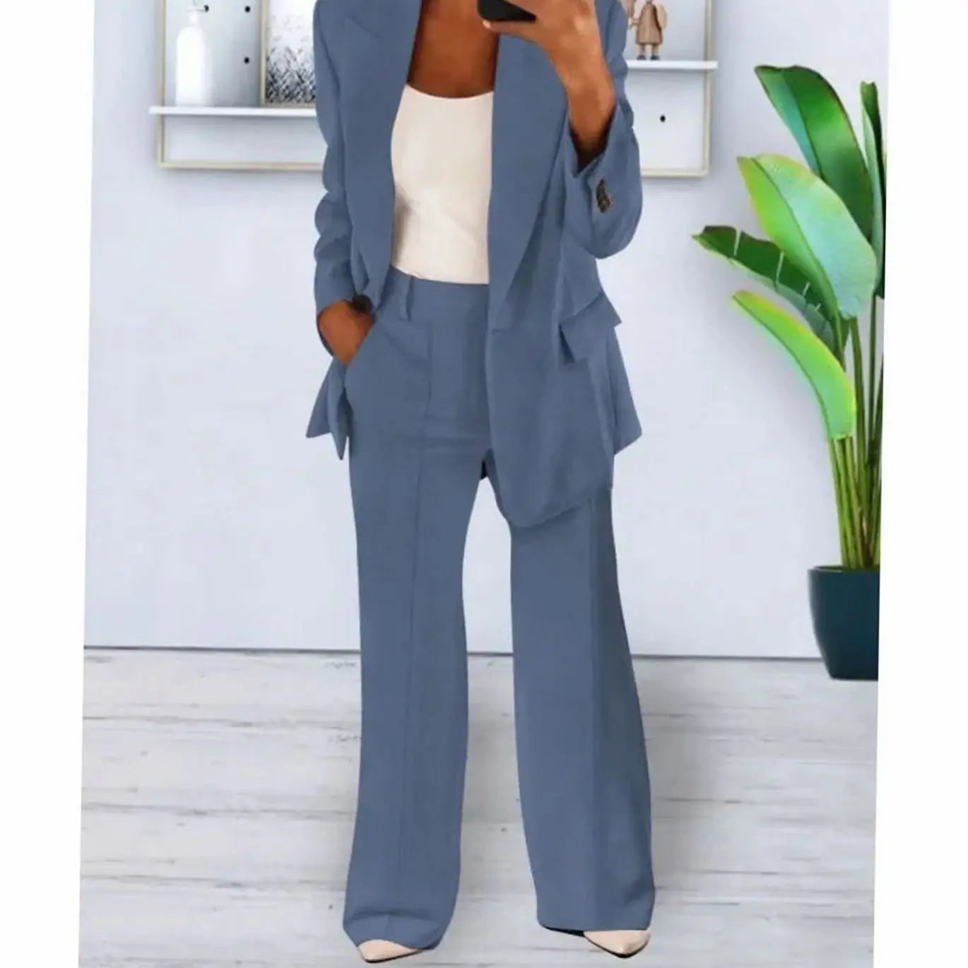 Women's Tailored Two-Piece Suit Set Long Blazer Wide-Leg Trousers - Denim Blue