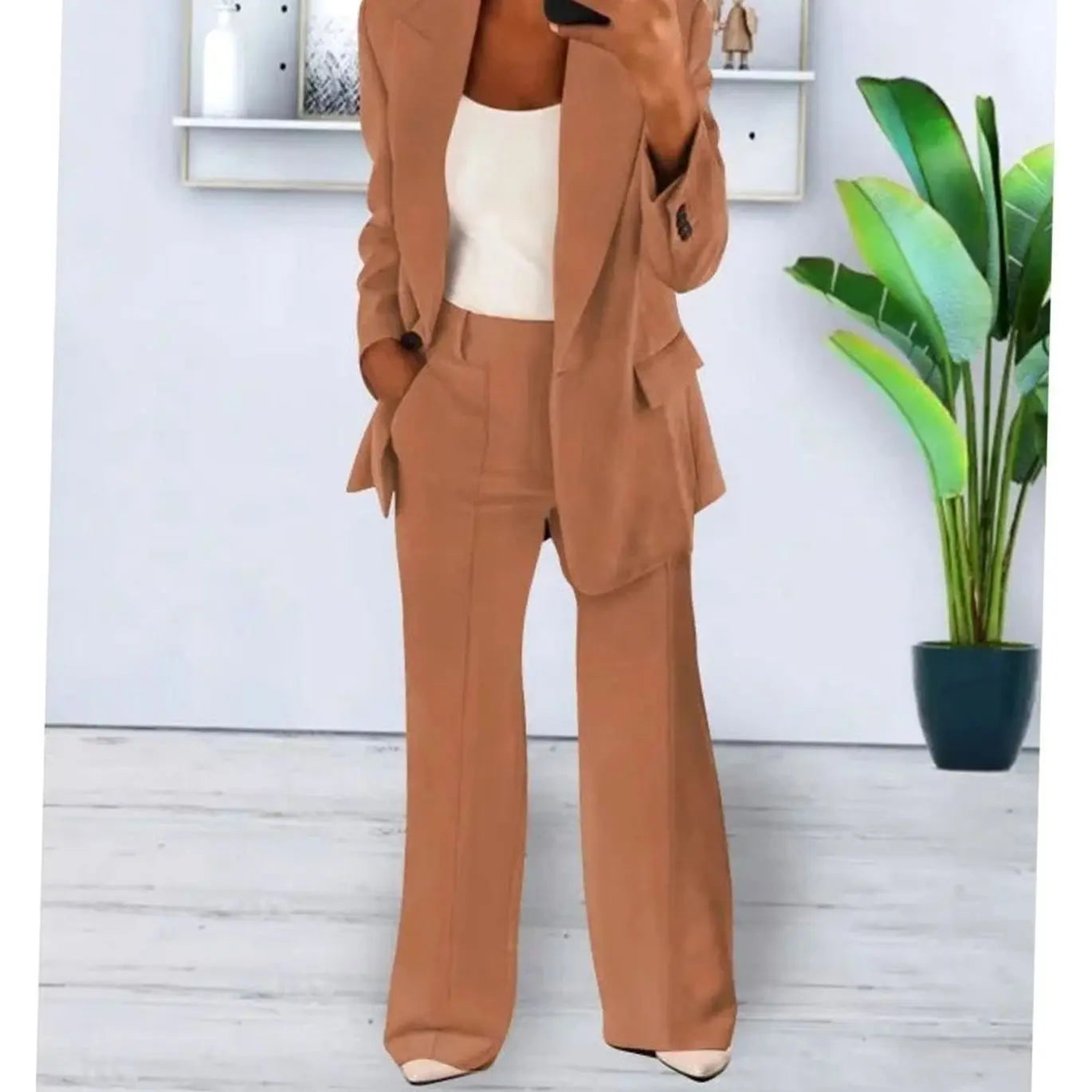 Women's Tailored Two-Piece Suit Set Long Blazer Wide-Leg Trousers - Bronze