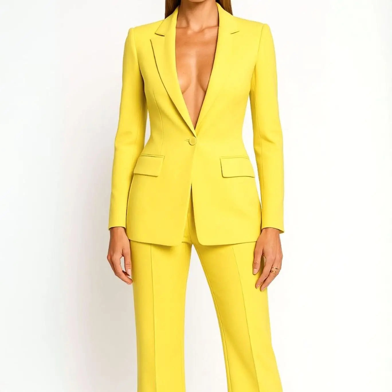 Women's Tailored Wide-Leg Blazer Suit Set - Yellow