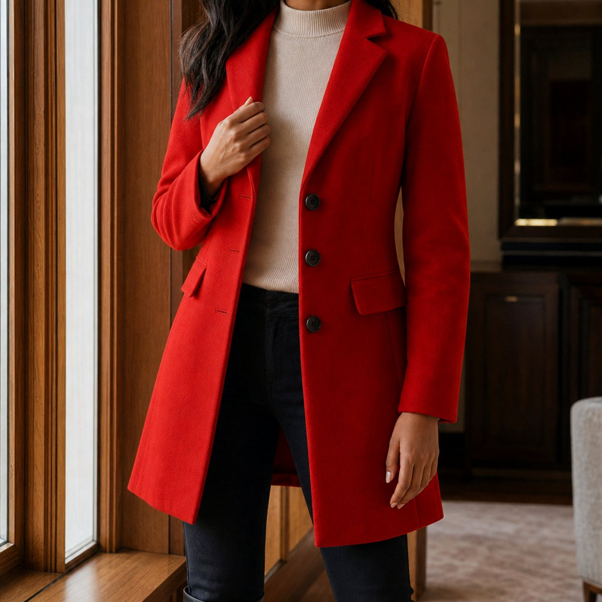 Women's Tailored Wool-Blend Notched-Lapel Button-Front Coat - Red