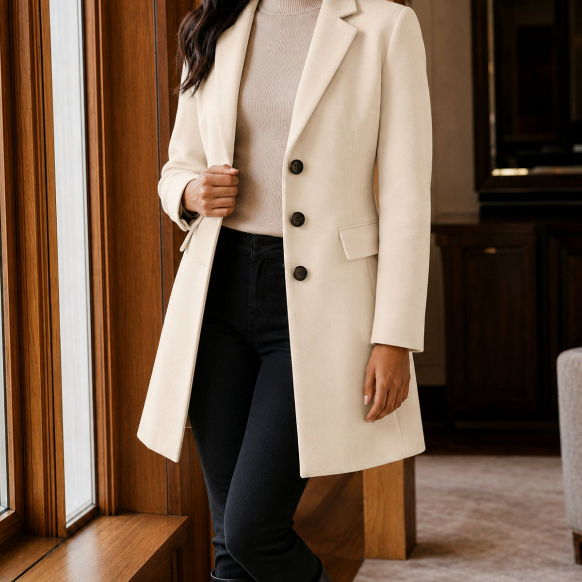 Women's Tailored Wool-Blend Notched-Lapel Button-Front Coat - Creamy White