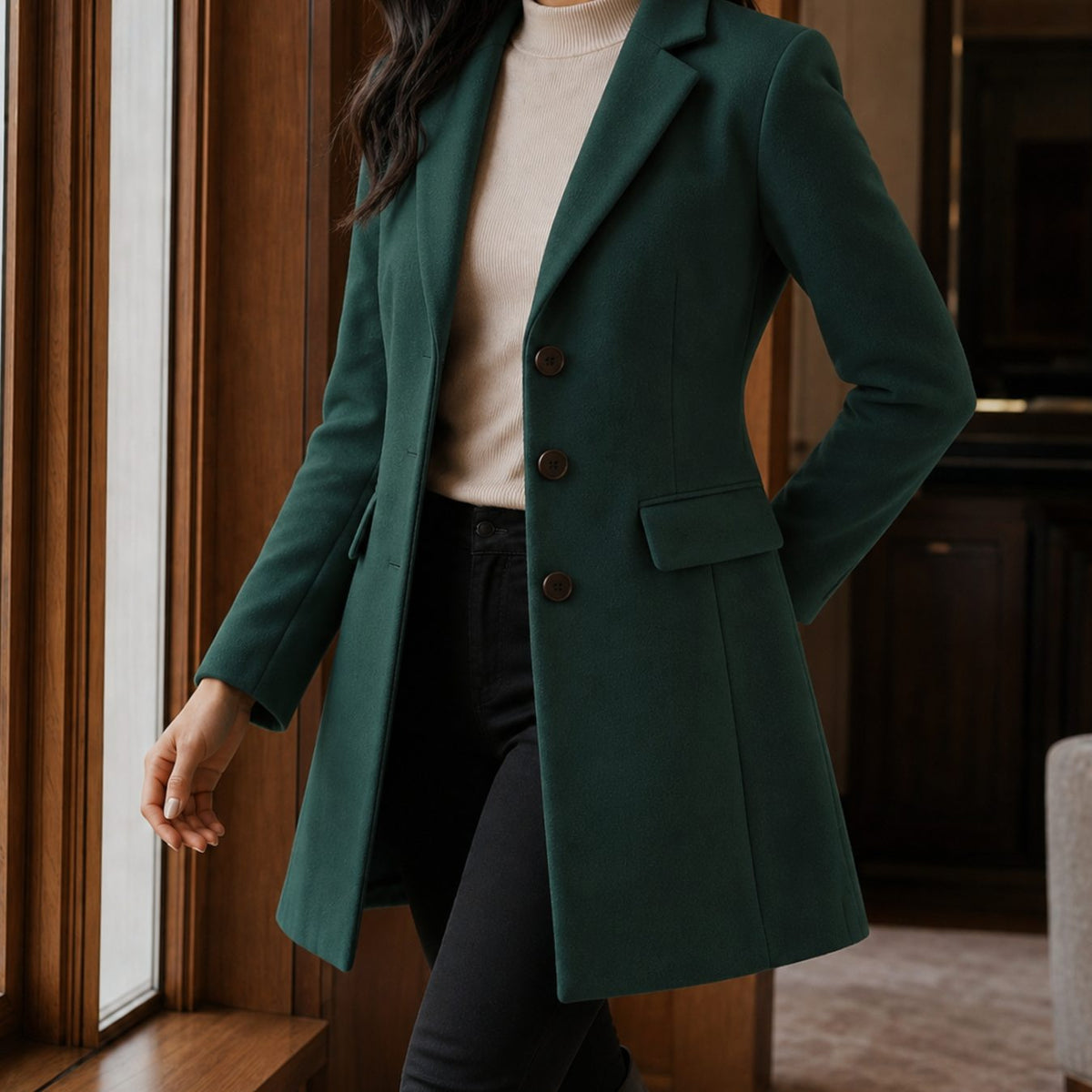 Women's Tailored Wool-Blend Notched-Lapel Button-Front Coat - Green