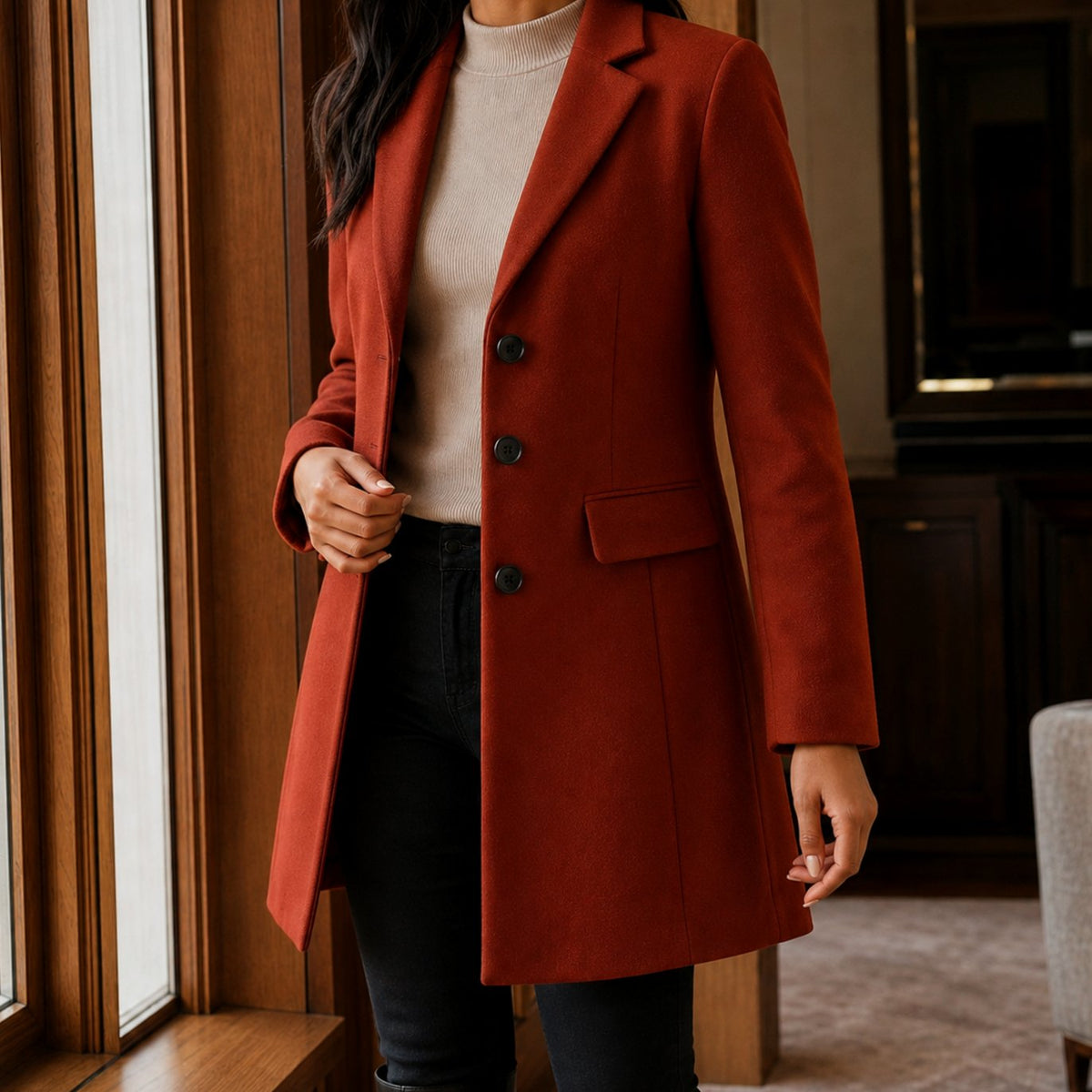 Women's Tailored Wool-Blend Notched-Lapel Button-Front Coat - Brick Red