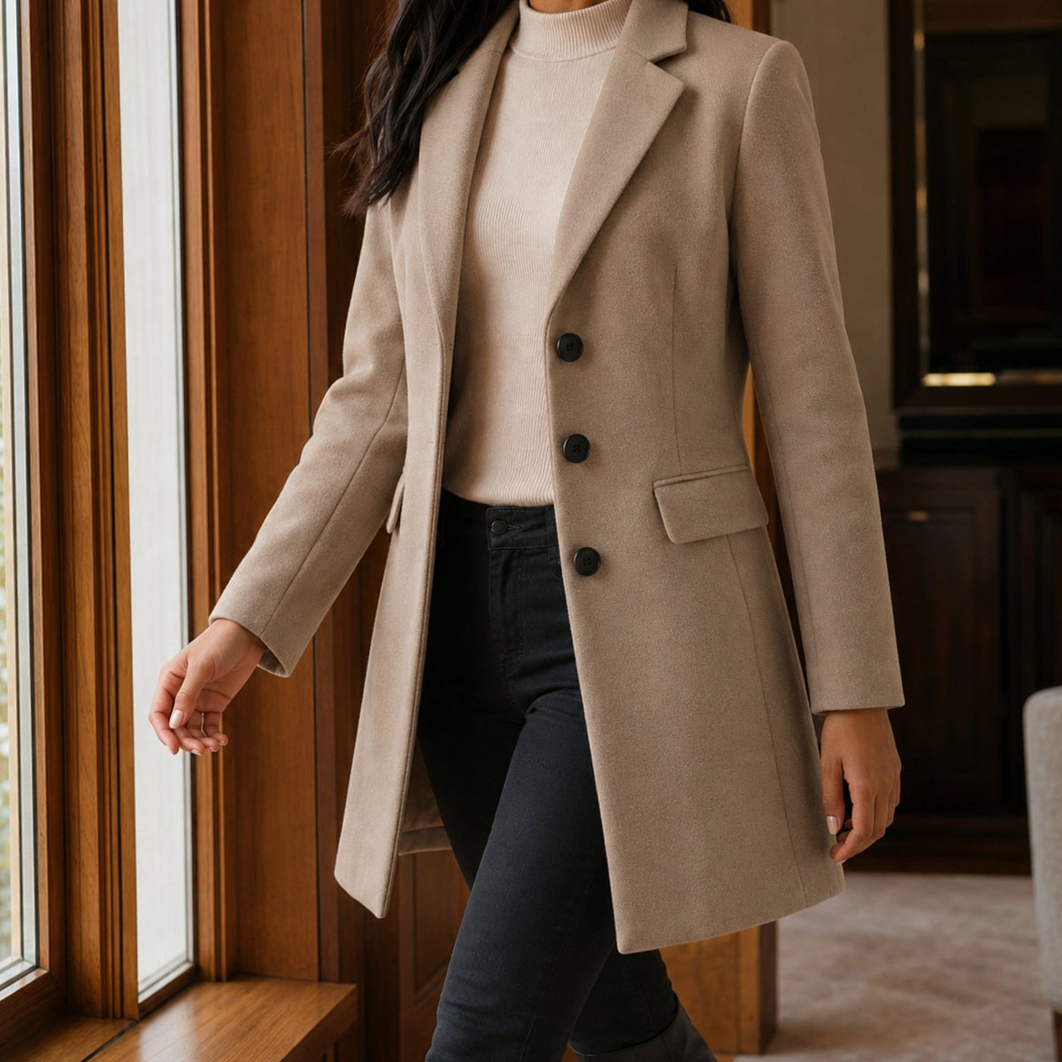 Women's Tailored Wool-Blend Notched-Lapel Button-Front Coat - Dark Beige