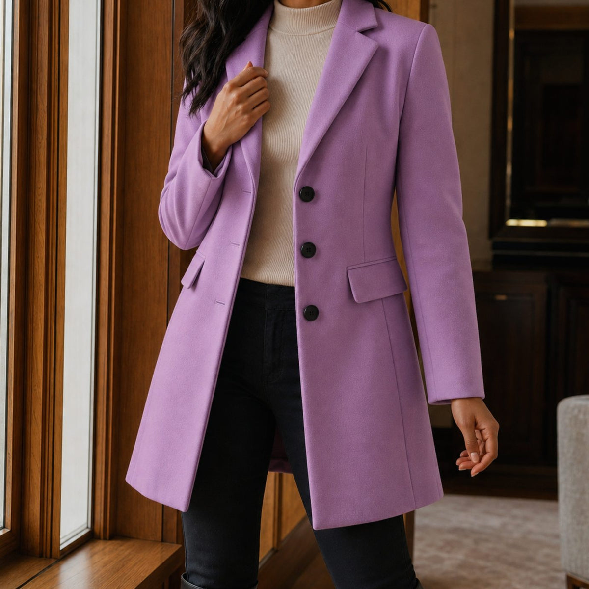 Women's Tailored Wool-Blend Notched-Lapel Button-Front Coat - Light Purple