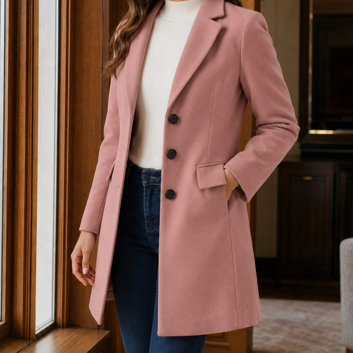 Women's Tailored Wool-Blend Notched-Lapel Button-Front Coat - Pink
