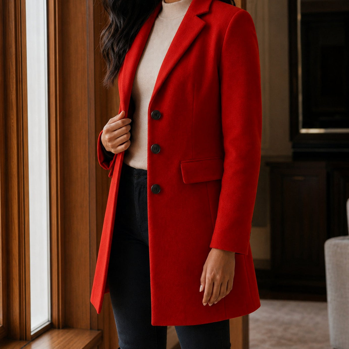 Women's Tailored Wool-Blend Notched-Lapel Button-Front Coat