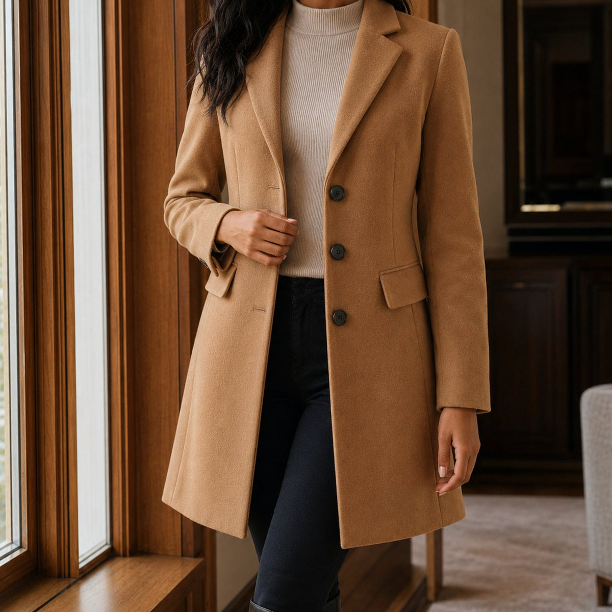 Women's Tailored Wool-Blend Notched-Lapel Button-Front Coat - Brown
