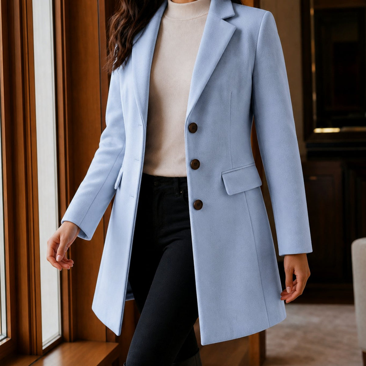 Women's Tailored Wool-Blend Notched-Lapel Button-Front Coat - Blue