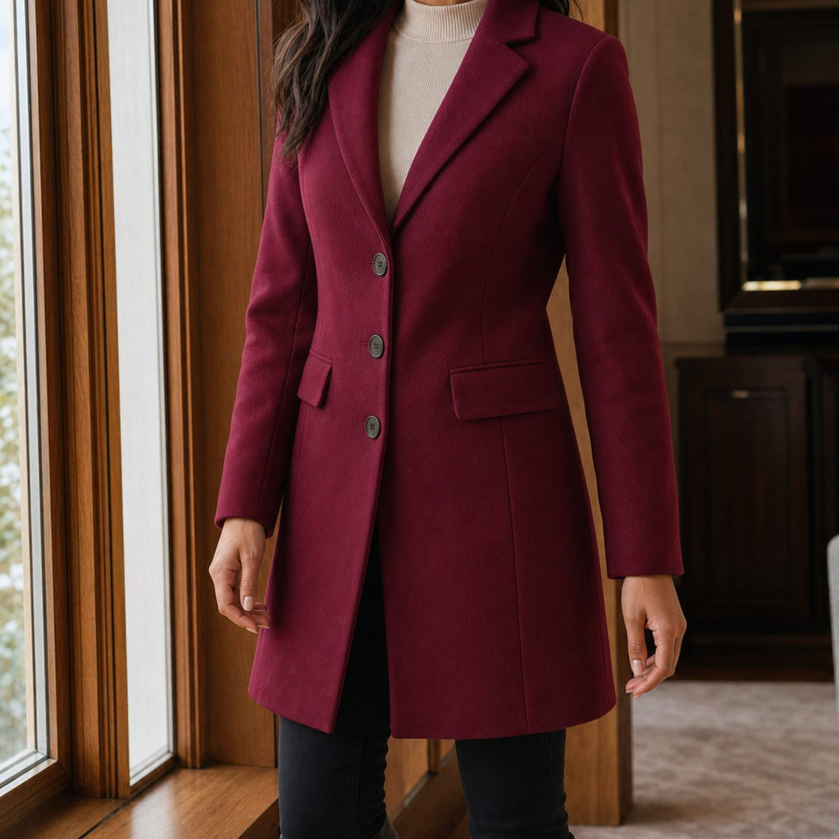 Women's Tailored Wool-Blend Notched-Lapel Button-Front Coat - Burgundy