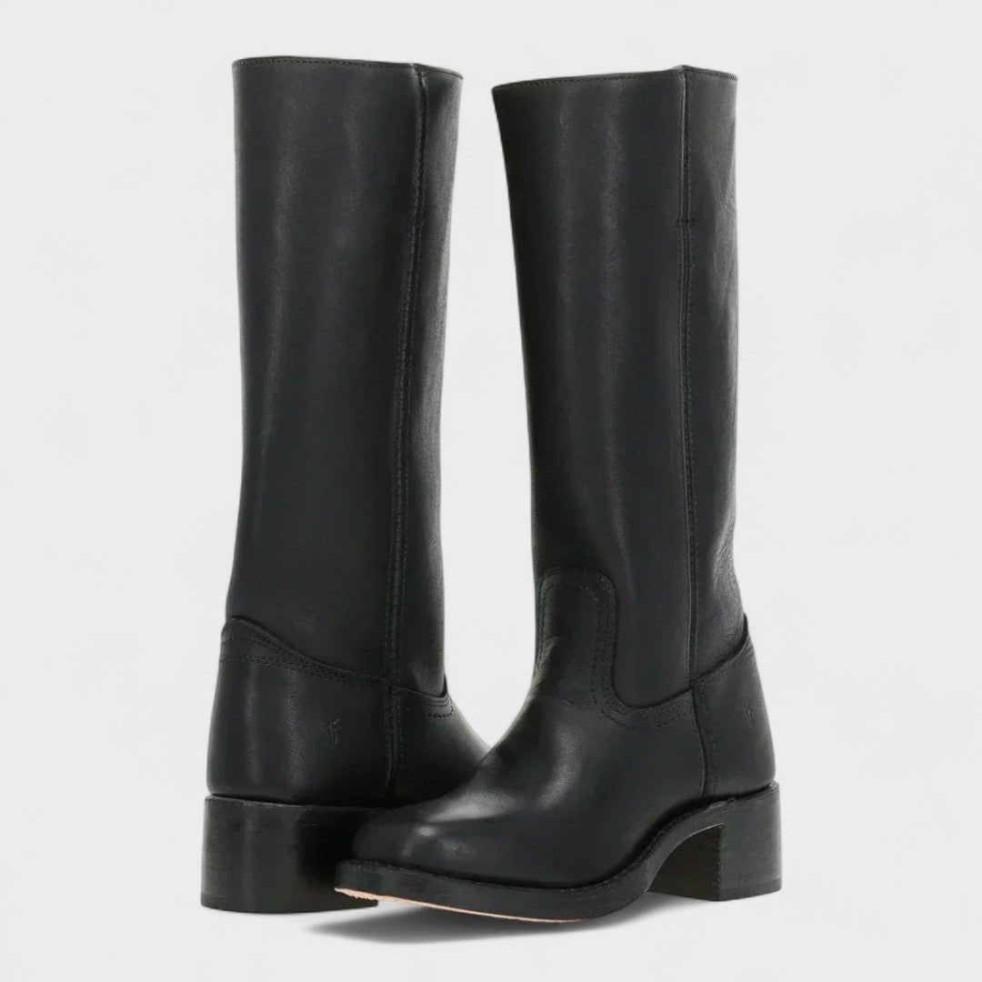 Women's Tall Leather Boots Equestrian Block Heel - Black