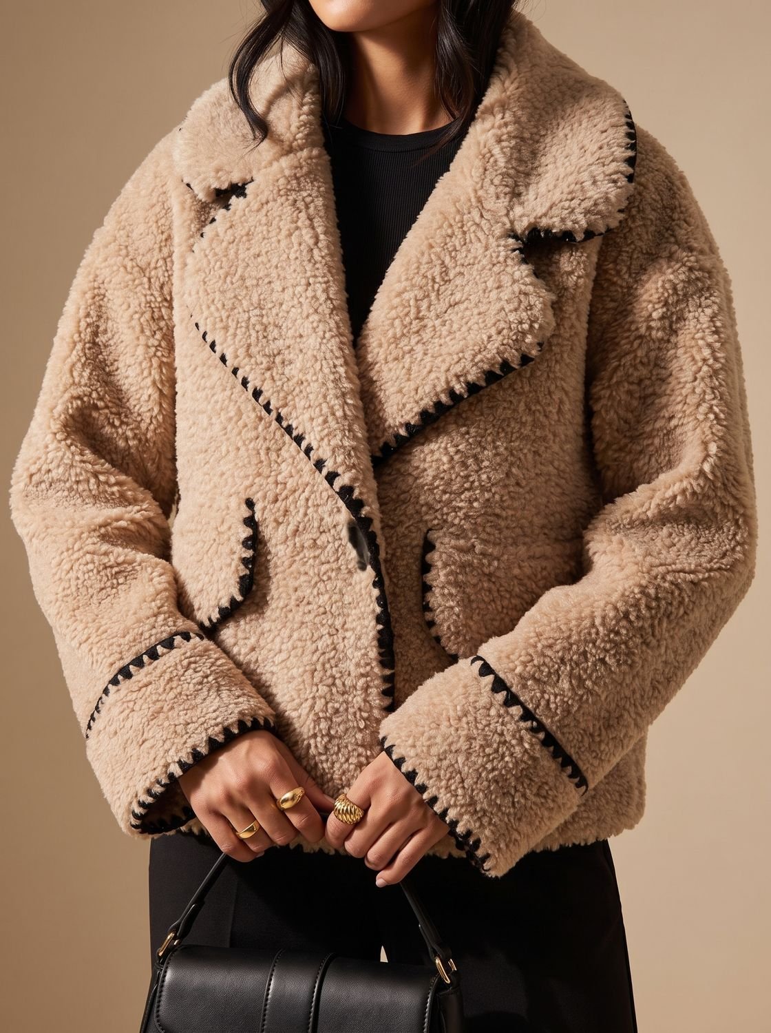 Women's Teddy Faux Fur Bomber Jacket Contrast Trim