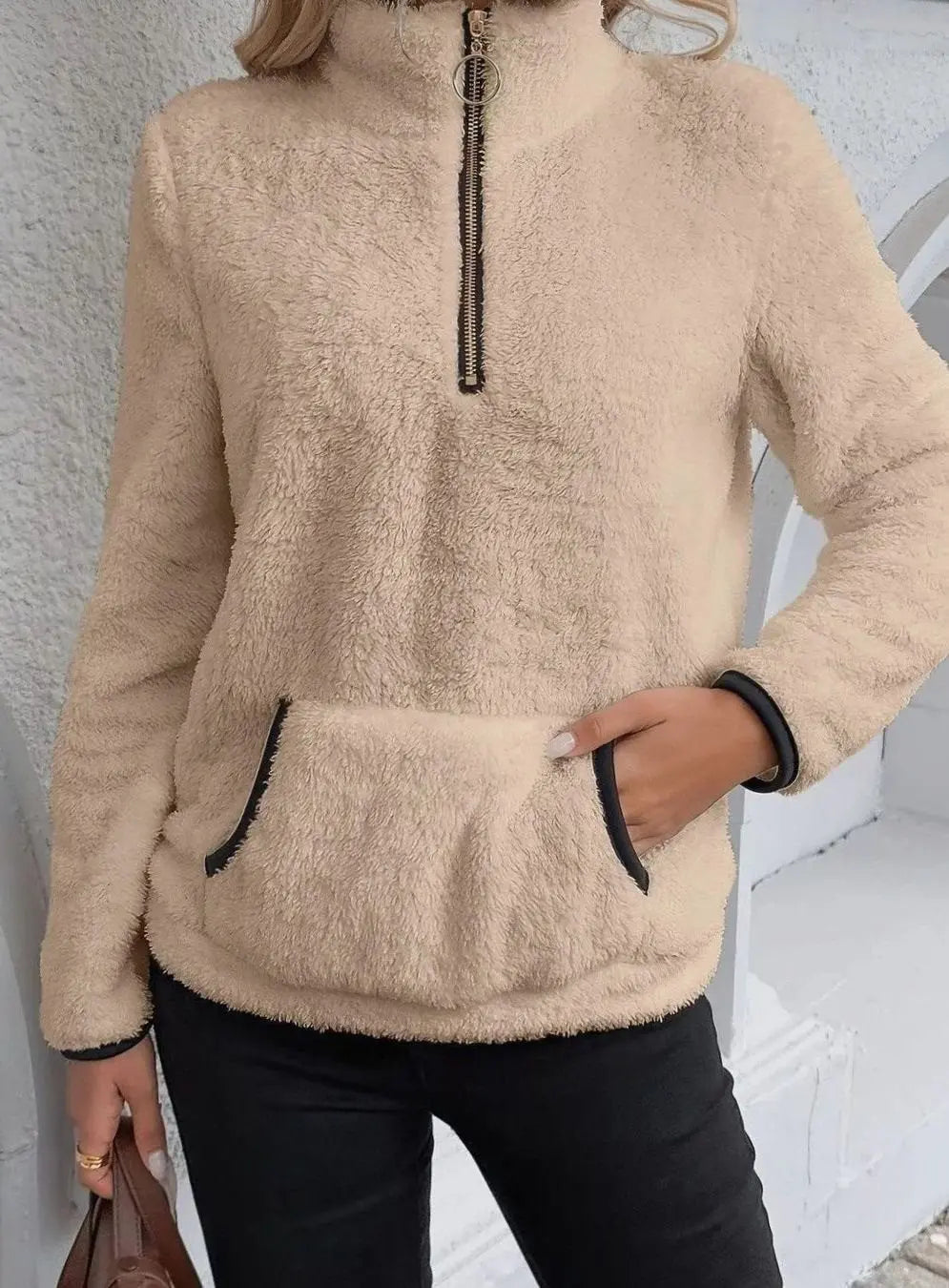 Women's Teddy Fleece Half-Zip Kangaroo Pocket Jumper - Khaki