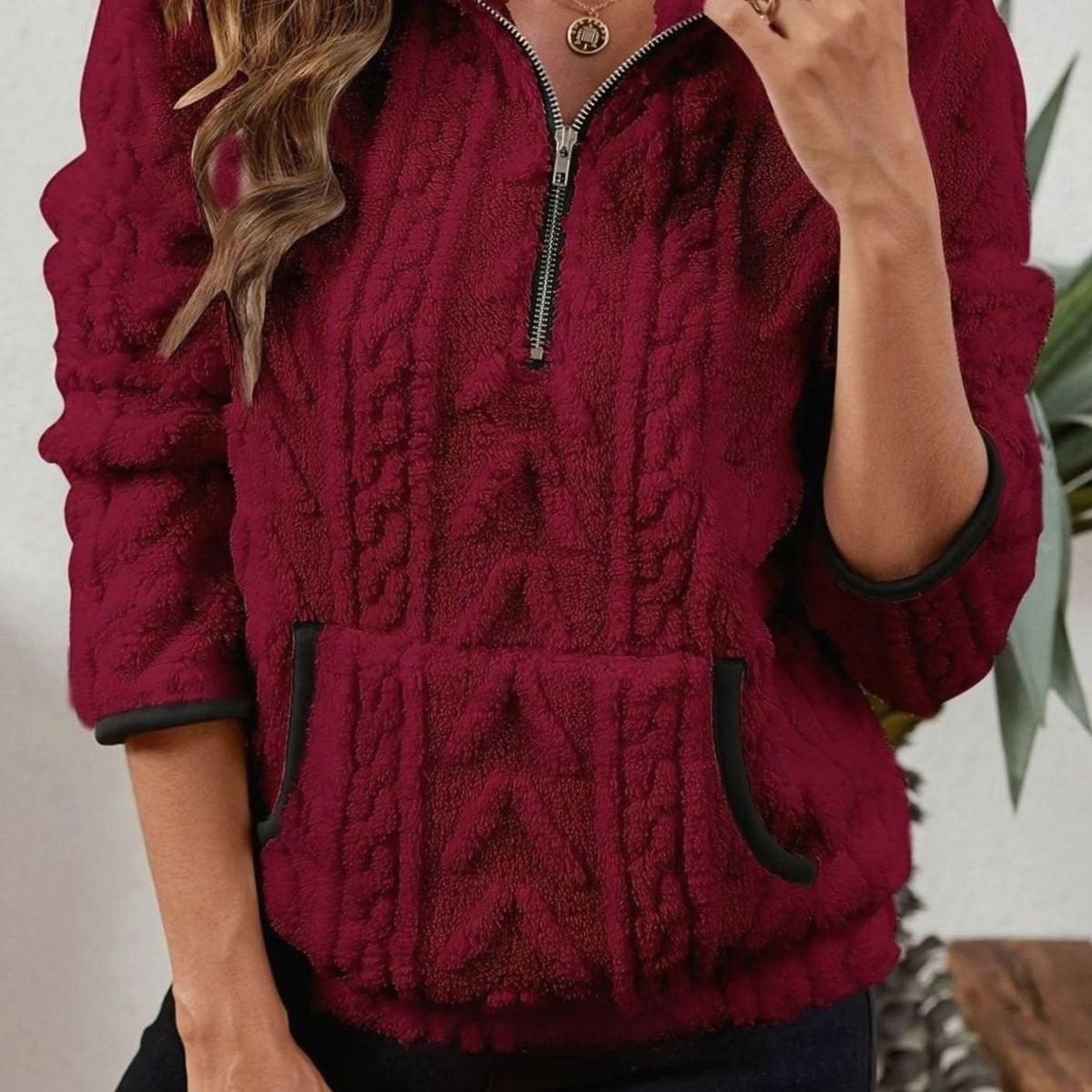 Women's Textured Fleece Half-Zip Kangaroo Pocket Pullover - Burgundy
