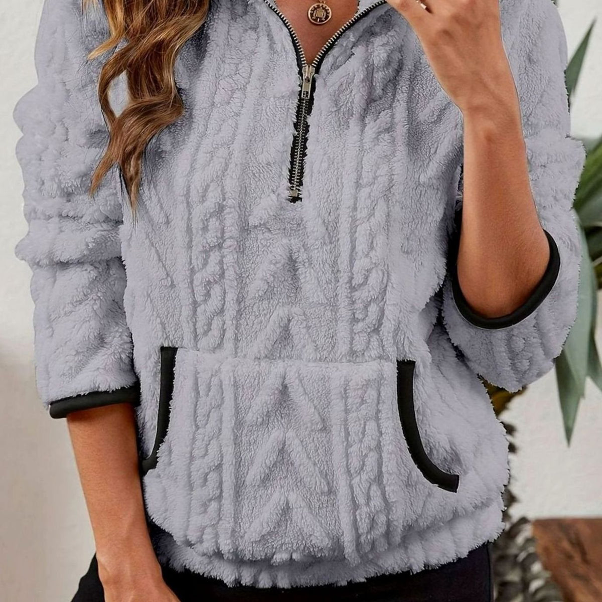 Women's Textured Fleece Half-Zip Kangaroo Pocket Pullover - Grey