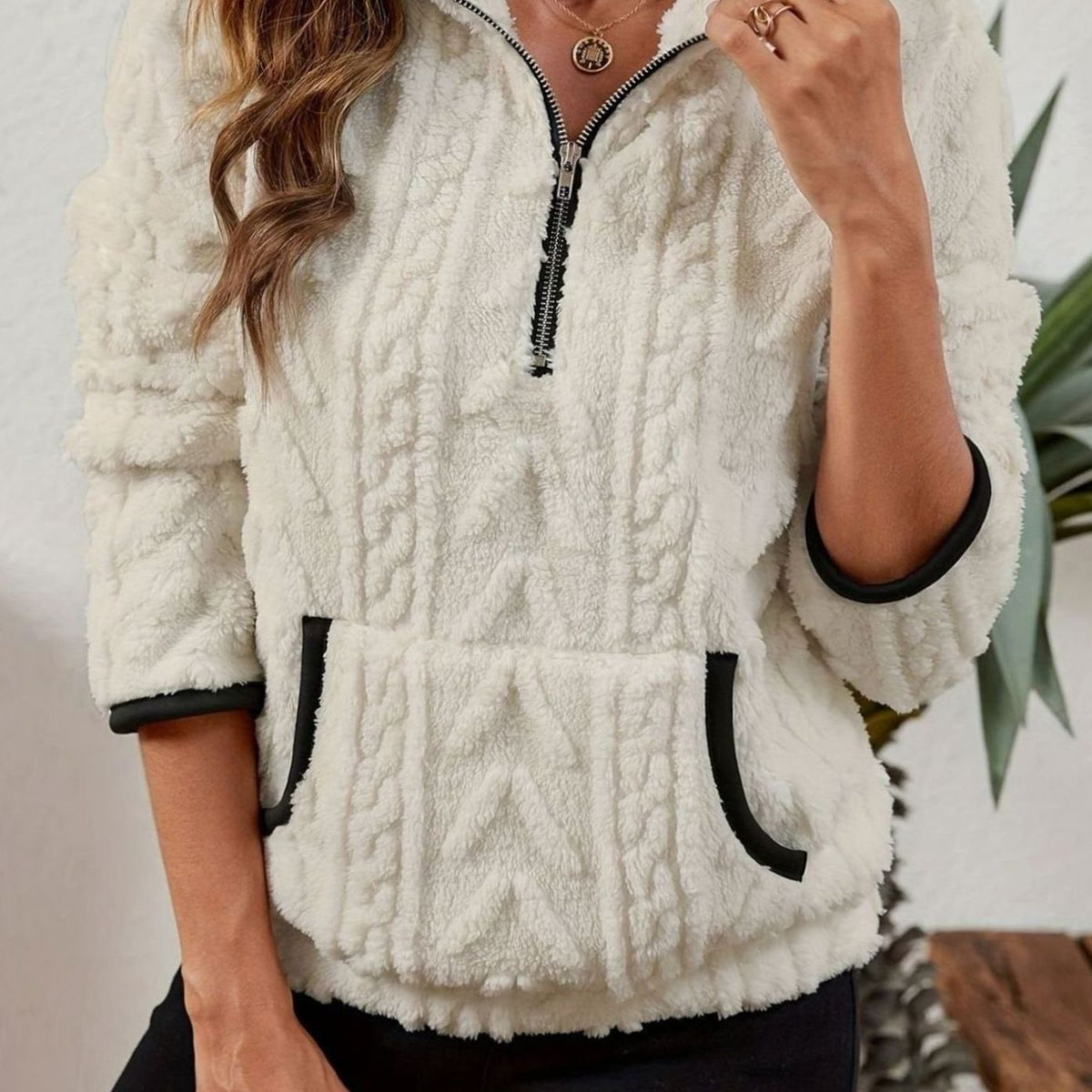 Women's Textured Fleece Half-Zip Kangaroo Pocket Pullover - White