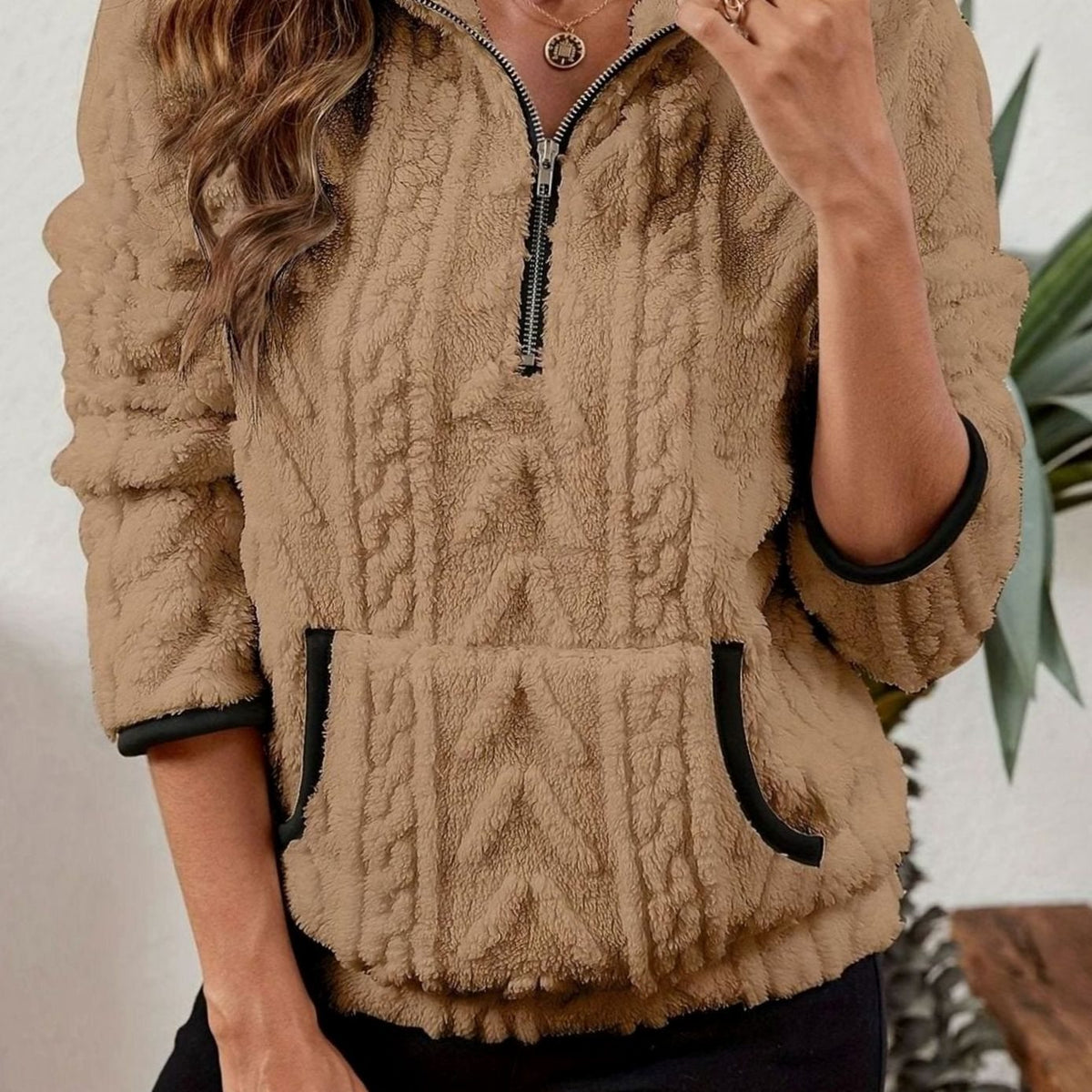 Women's Textured Fleece Half-Zip Kangaroo Pocket Pullover - Khaki