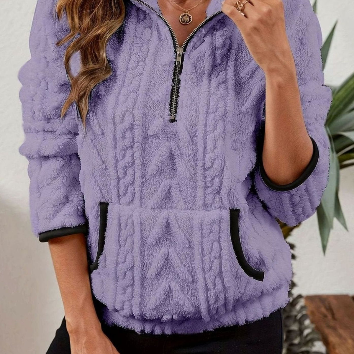 Women's Textured Fleece Half-Zip Kangaroo Pocket Pullover - Purple