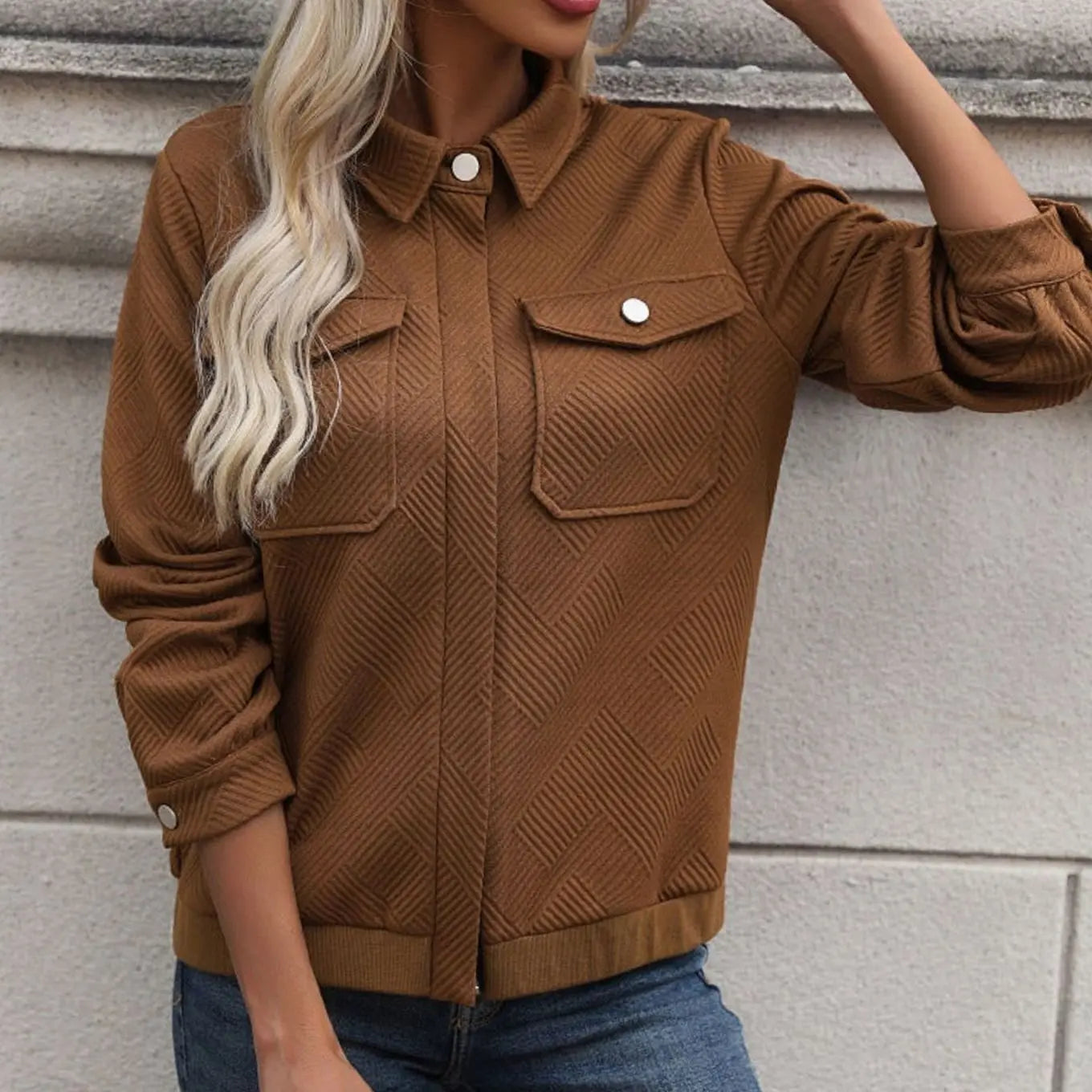Women's Textured Zip-Up Long-Sleeve Jacket Chest Pockets