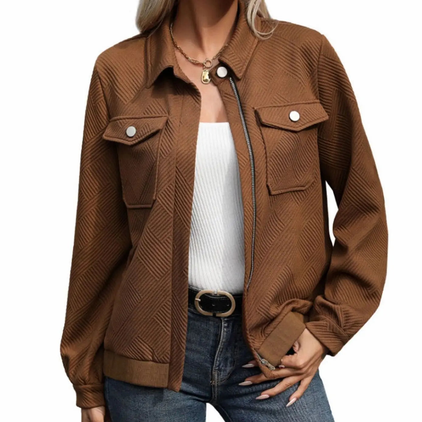 Women's Textured Zip-Up Long-Sleeve Jacket Chest Pockets