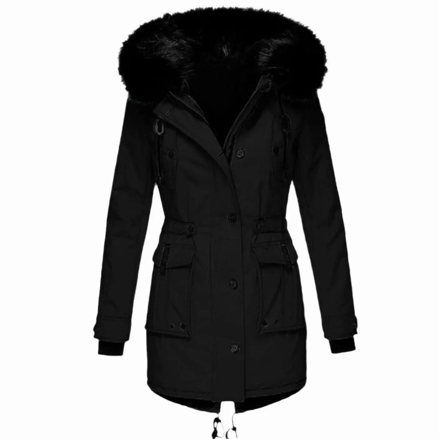 Women's Thick Faux Fur Hooded Insulated Parka Coat - Black